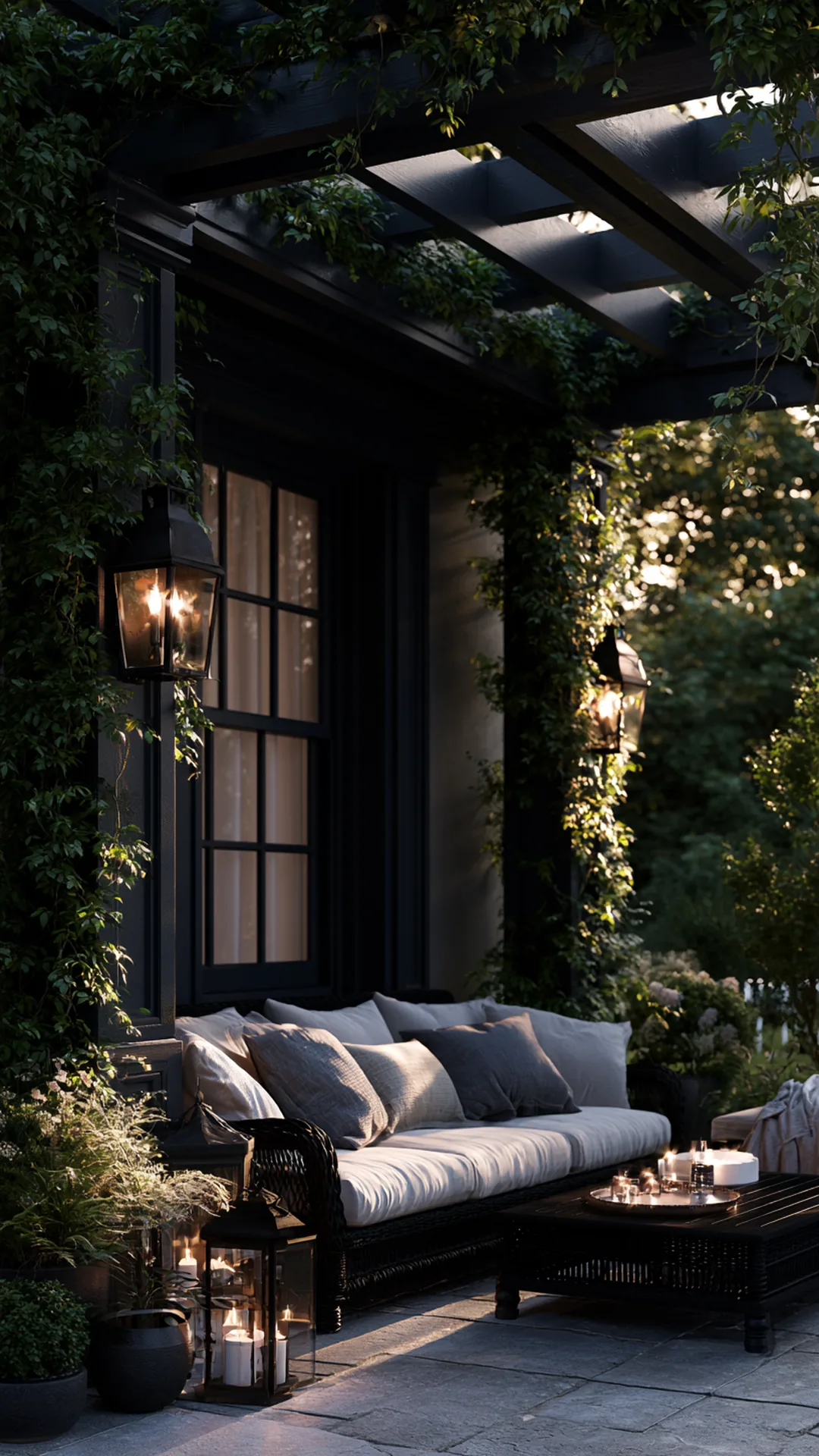 bold charcoal-painted pergola with climbing green vines, photo 3 of 4