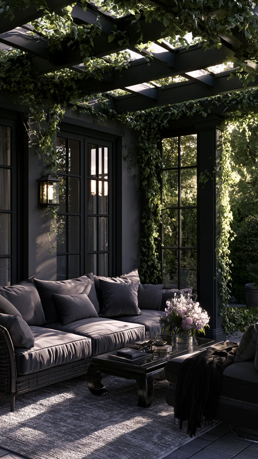 bold charcoal-painted pergola with climbing green vines, photo 4 of 4