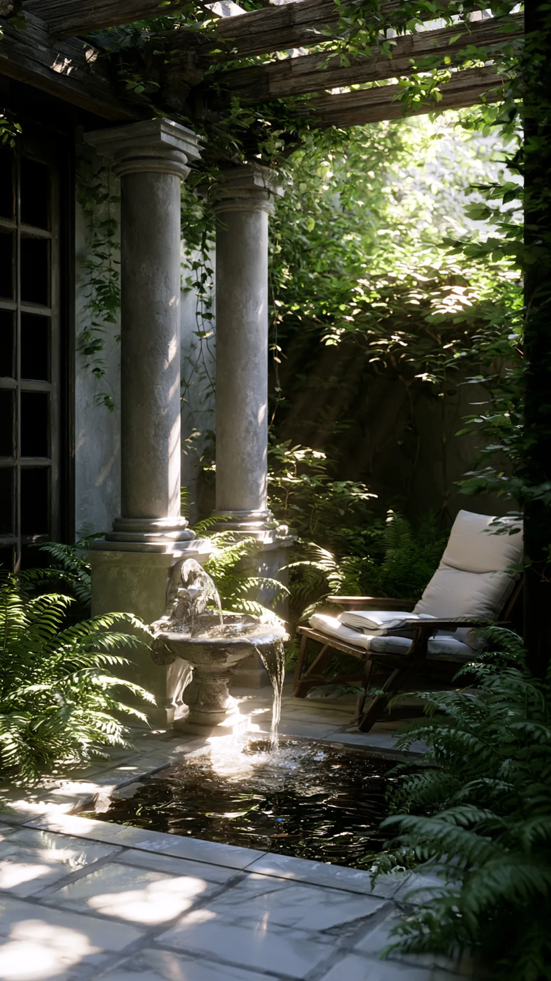 patio pergola with a trickling corner stone water feature, photo 2 of 4