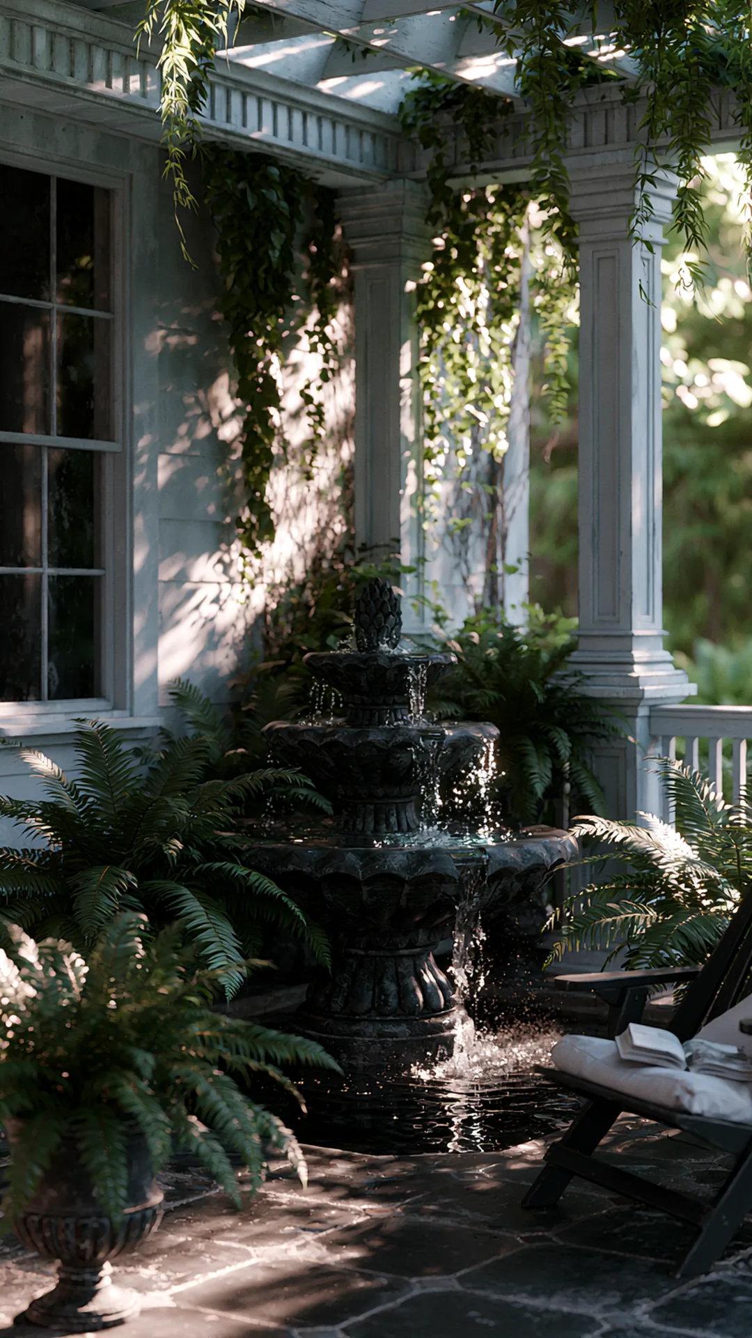 patio pergola with a trickling corner stone water feature, photo 3 of 4