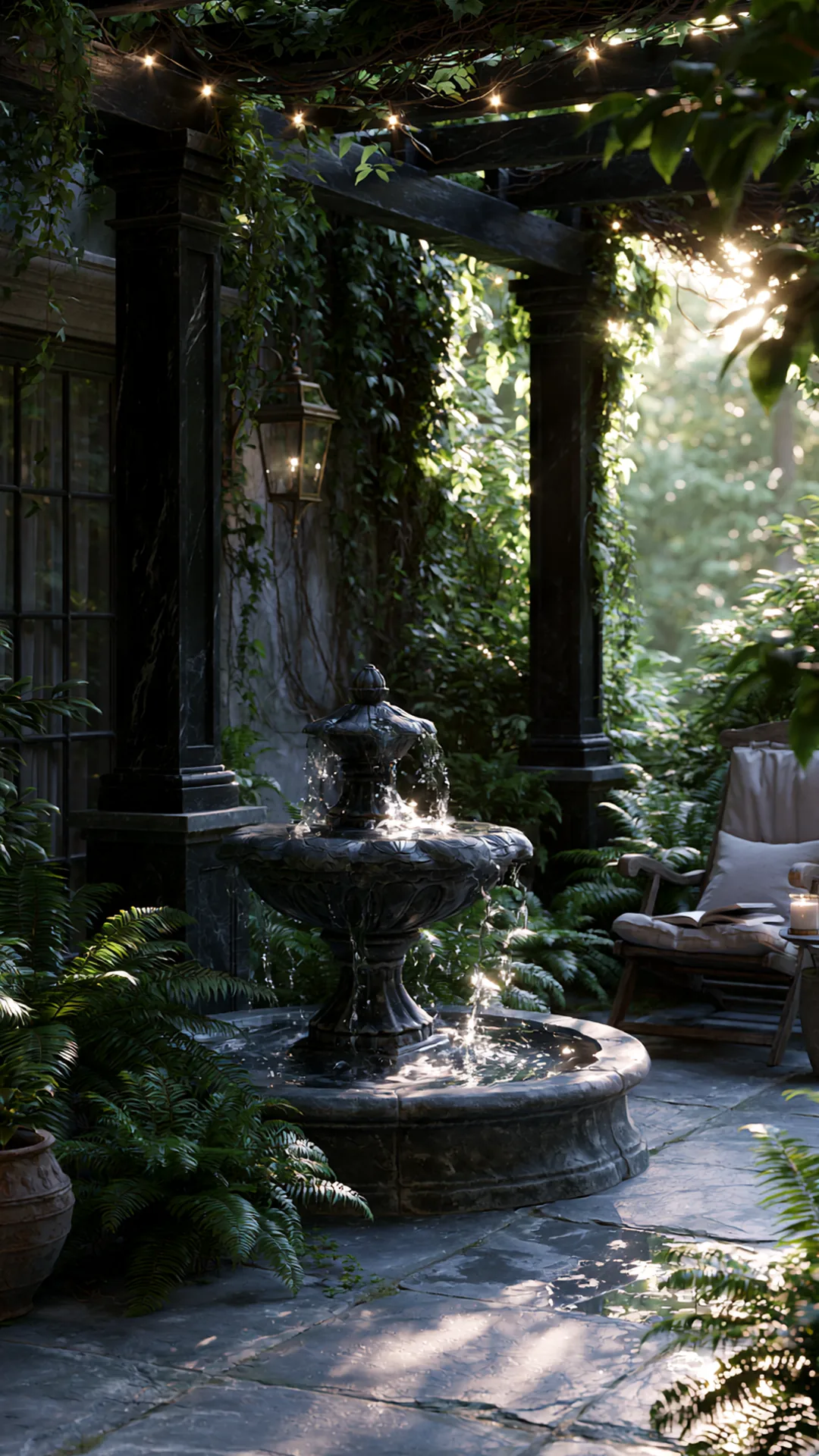 patio pergola with a trickling corner stone water feature, photo 4 of 4
