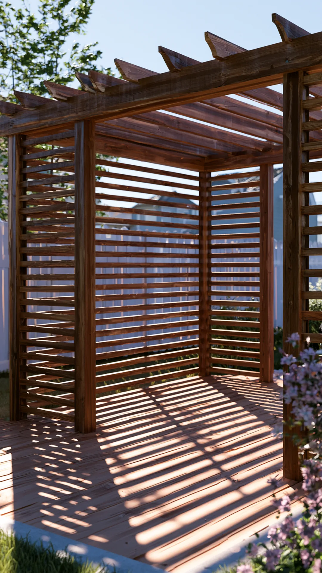 pergola with slatted wood half-walls casting striped shadows, photo 1 of 4
