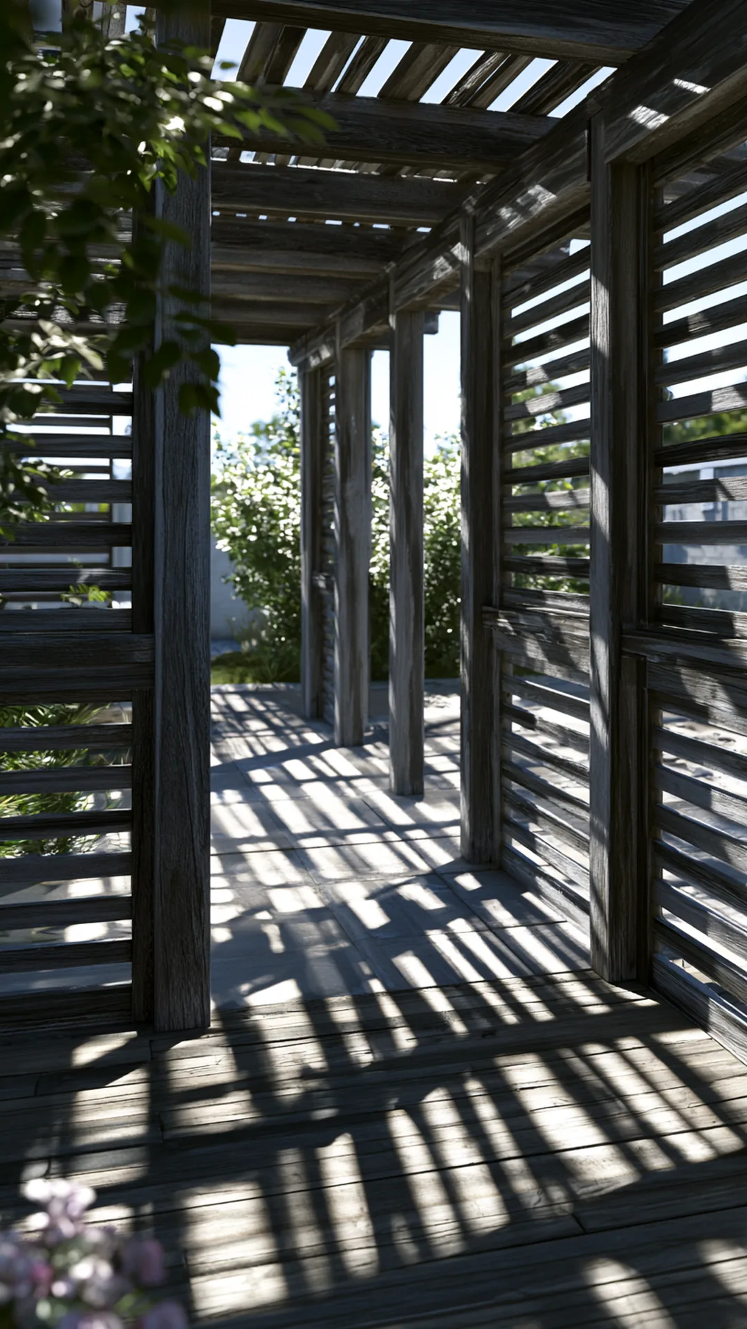 pergola with slatted wood half-walls casting striped shadows, photo 2 of 4