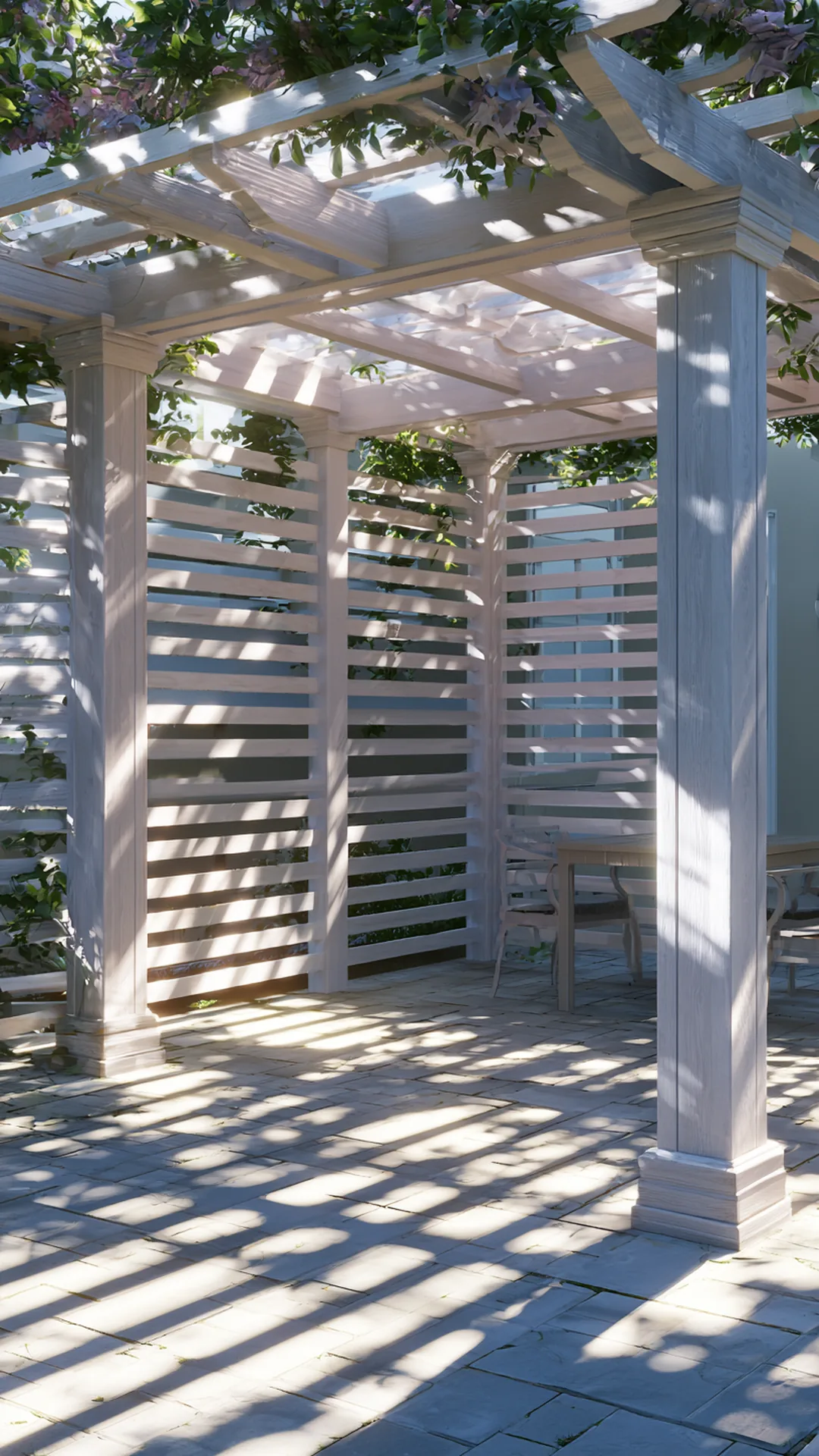 pergola with slatted wood half-walls casting striped shadows, photo 3 of 4