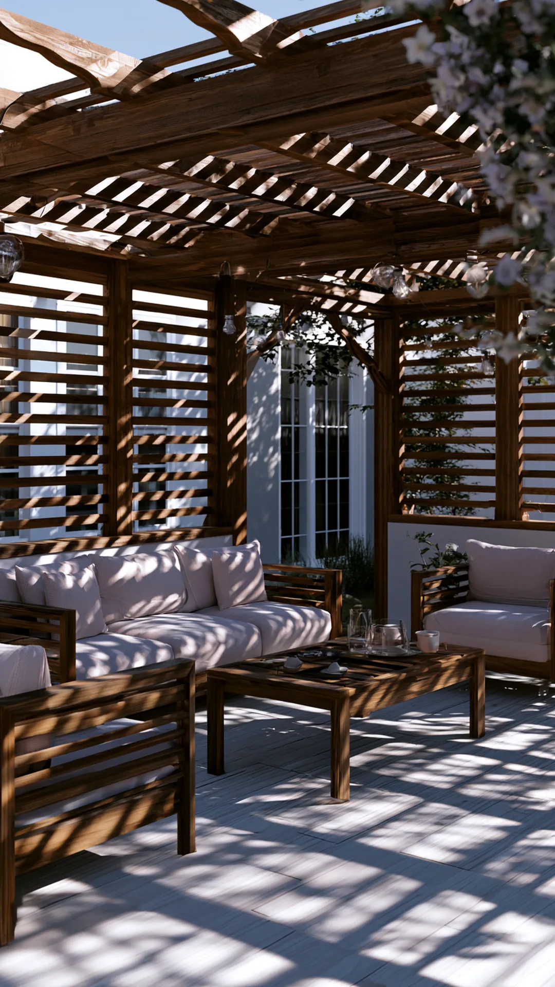pergola with slatted wood half-walls casting striped shadows, photo 4 of 4