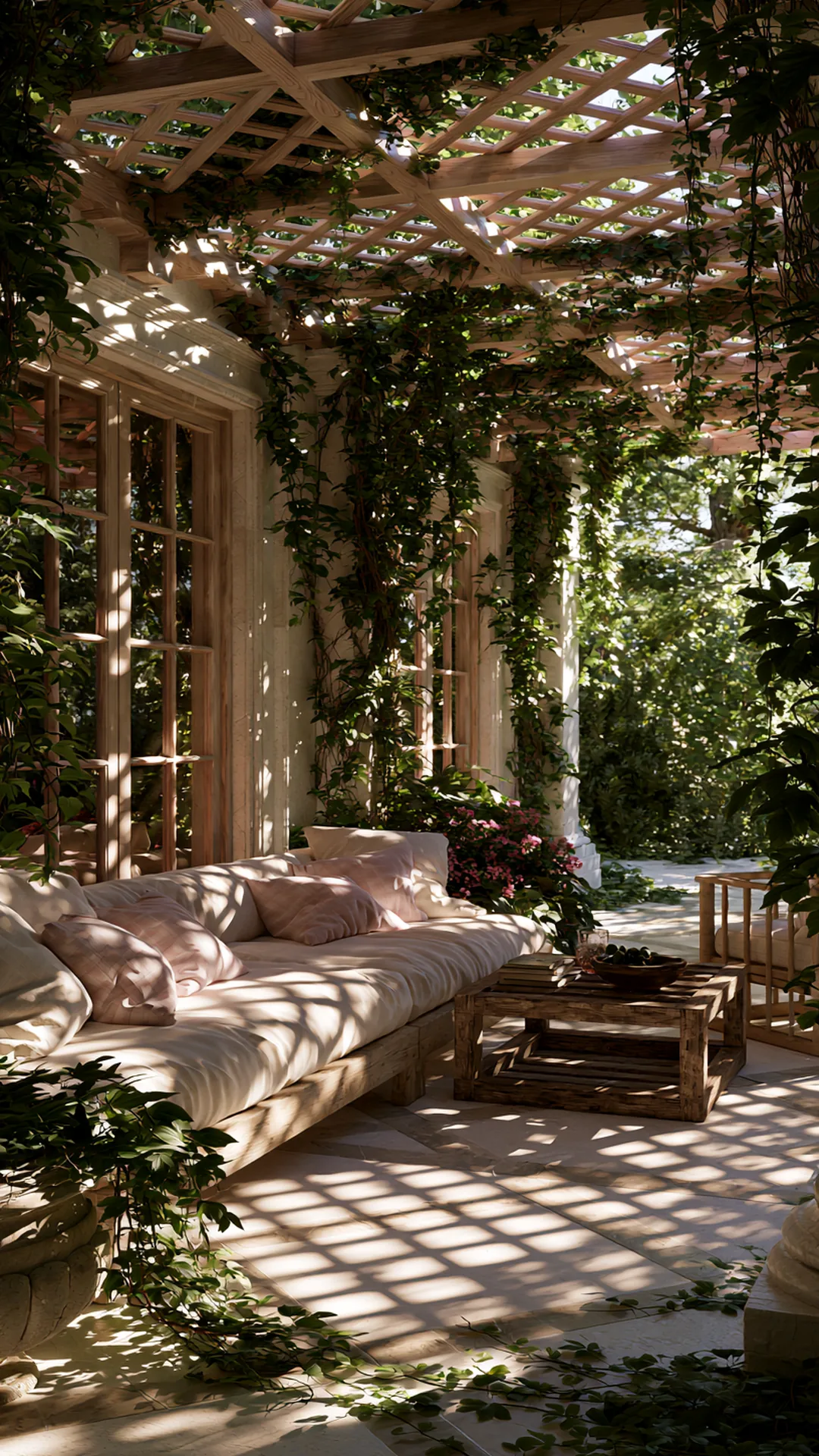 patio pergola with a cross-hatch lattice roof and dappled light, photo 1 of 4