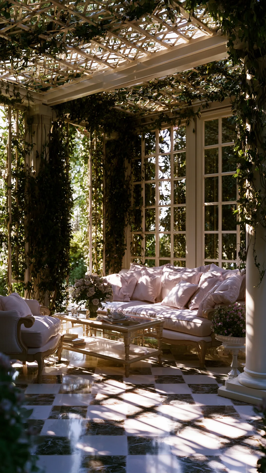 patio pergola with a cross-hatch lattice roof and dappled light, photo 2 of 4