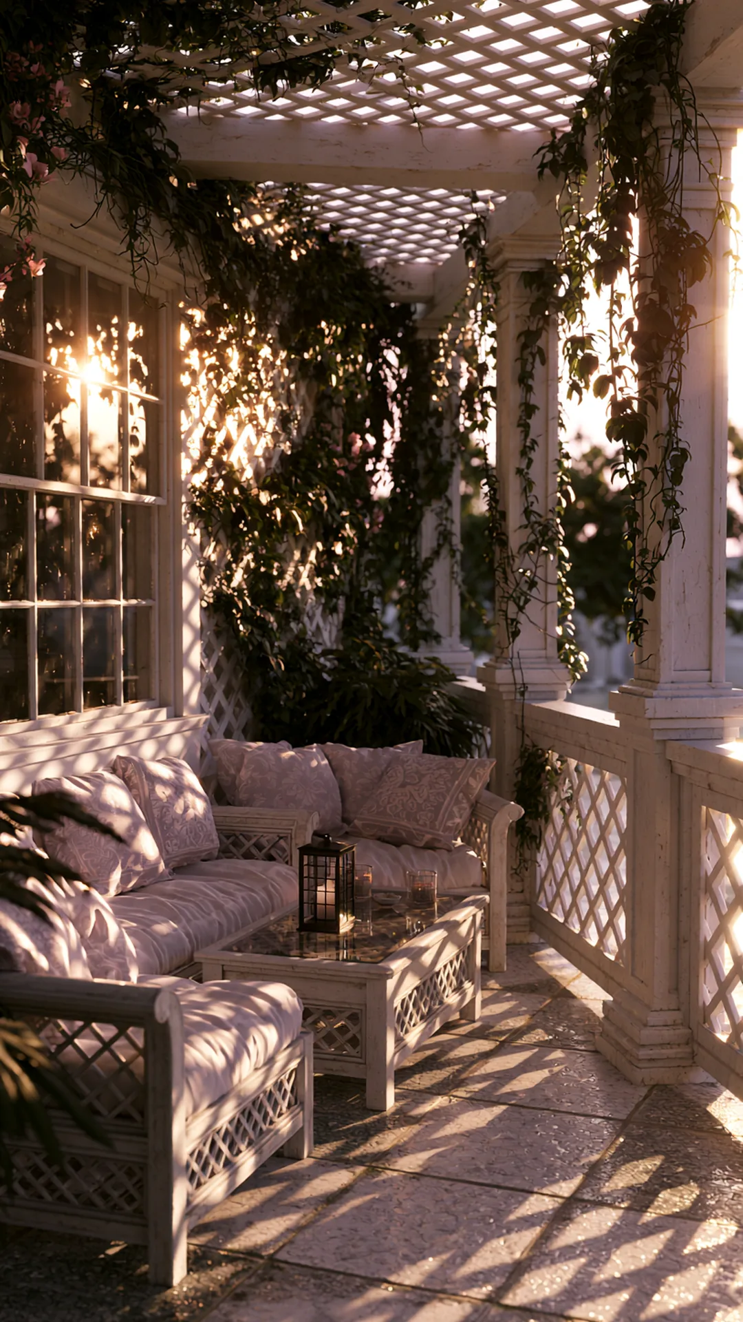 patio pergola with a cross-hatch lattice roof and dappled light, photo 3 of 4