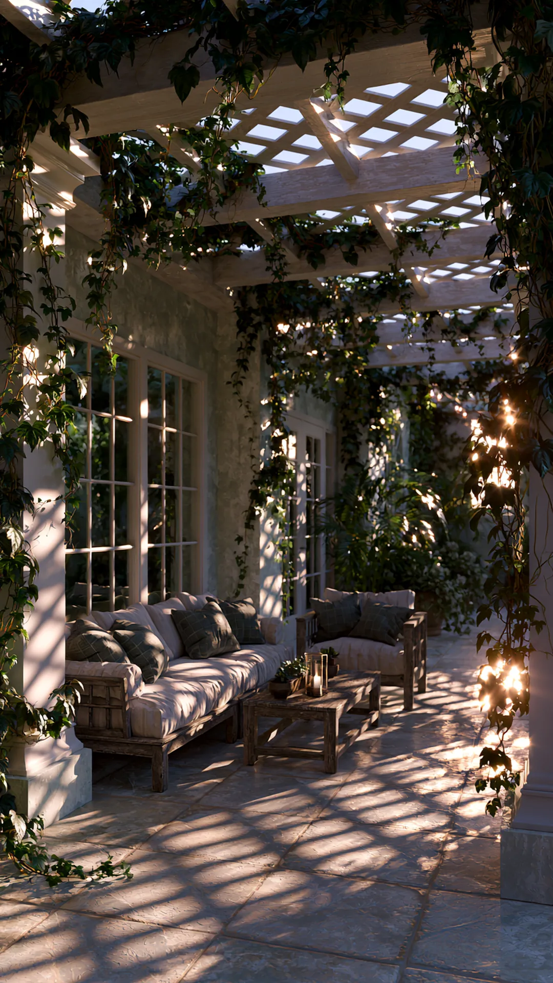 patio pergola with a cross-hatch lattice roof and dappled light, photo 4 of 4