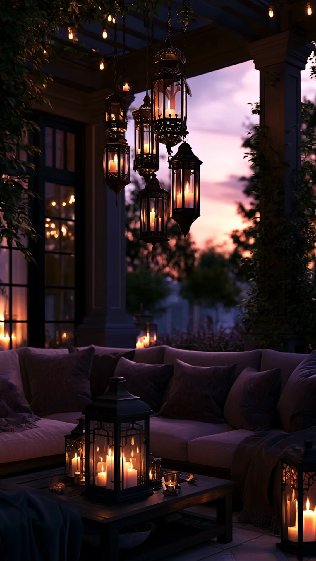 patio pergola with a cluster of hanging lanterns over seating, photo 1 of 4