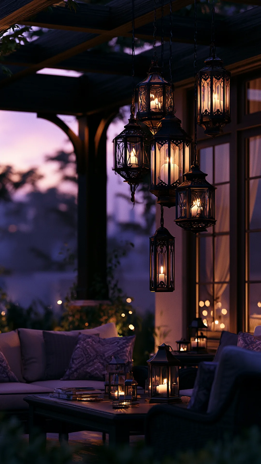 patio pergola with a cluster of hanging lanterns over seating, photo 2 of 4