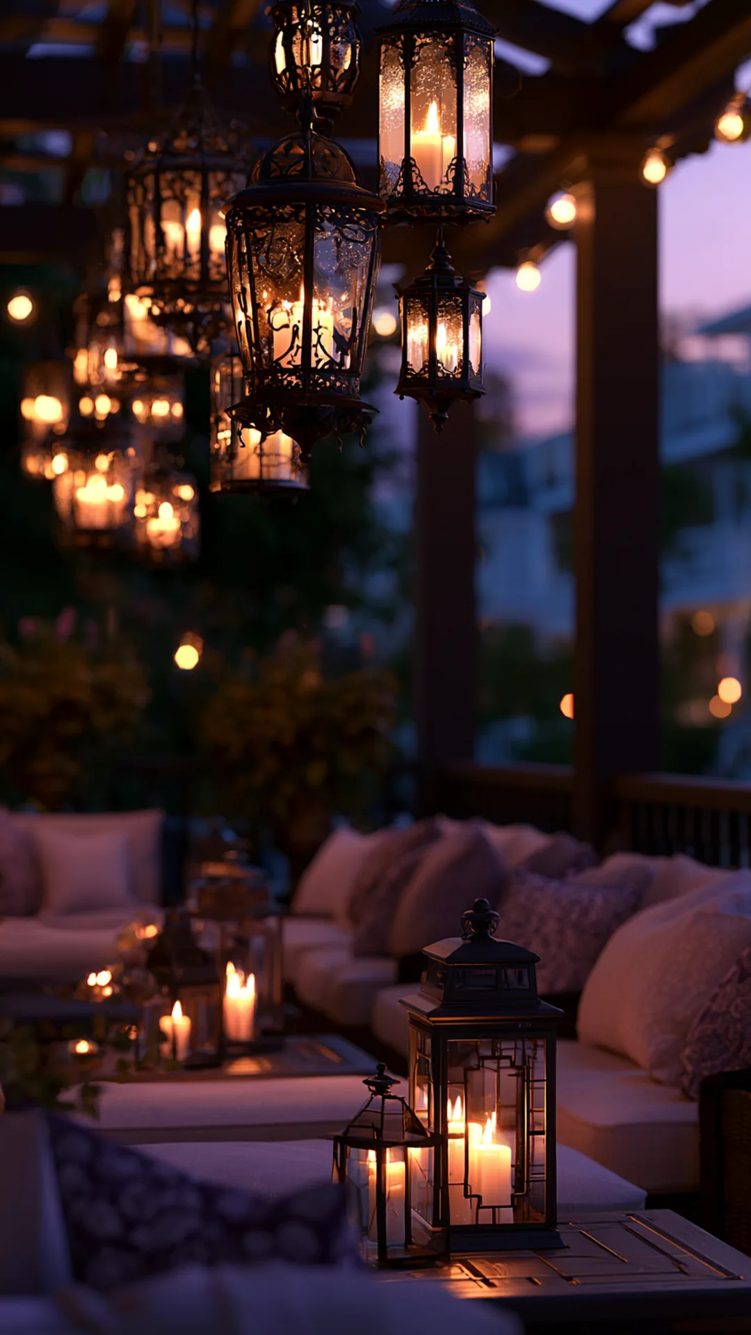 patio pergola with a cluster of hanging lanterns over seating, photo 3 of 4