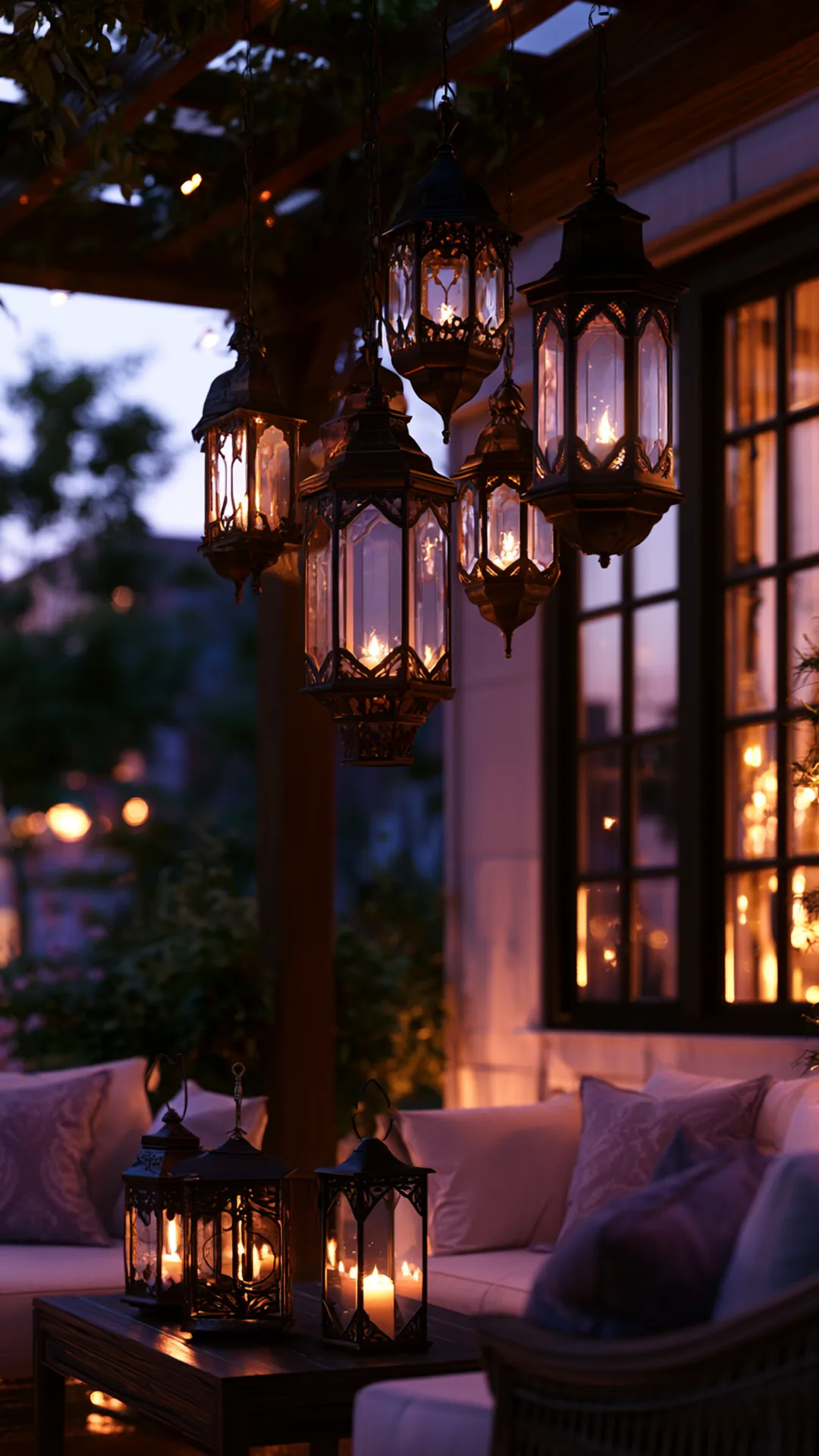 patio pergola with a cluster of hanging lanterns over seating, photo 4 of 4