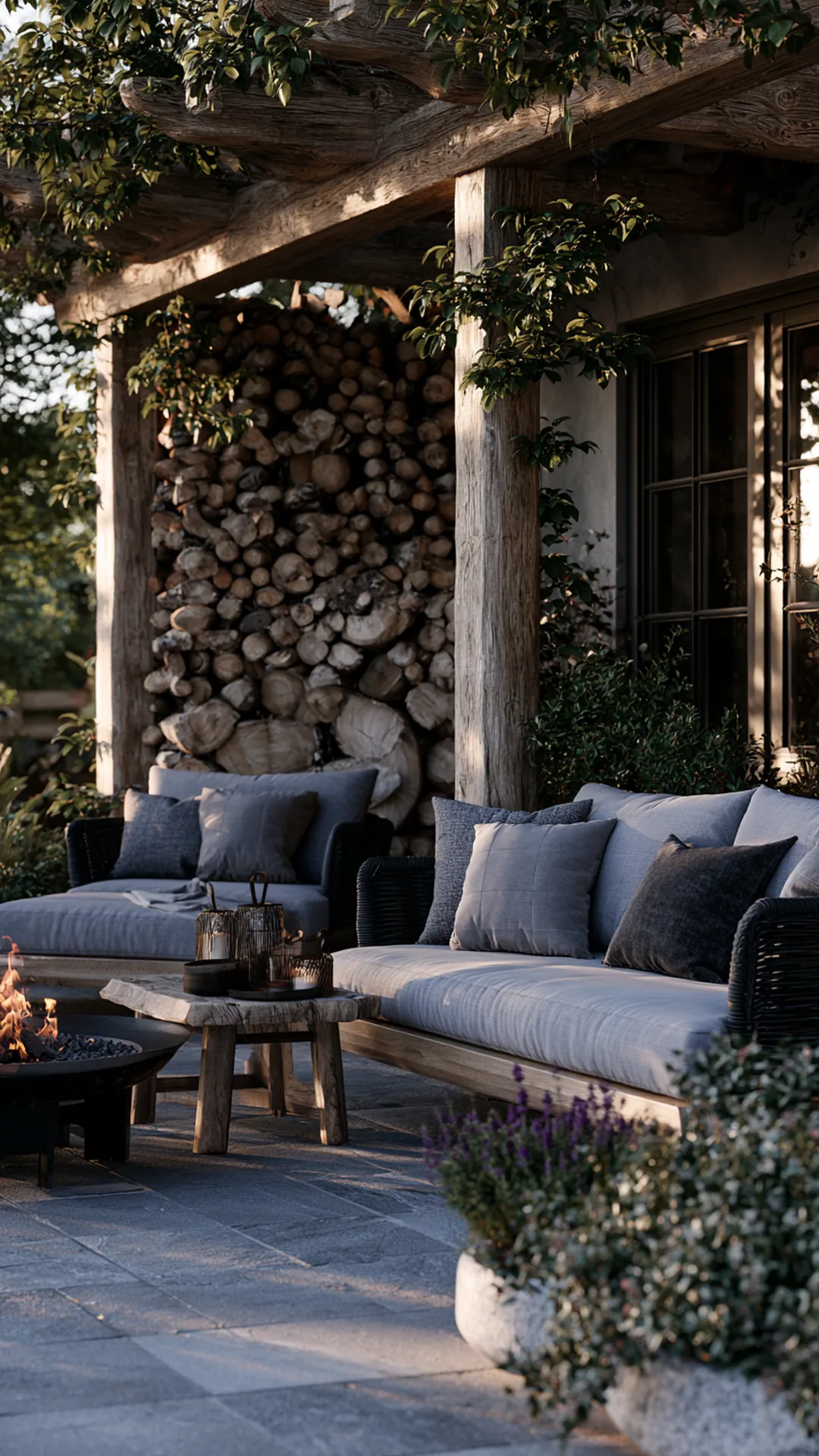 pergola with a built-in stacked firewood storage wall, photo 1 of 4