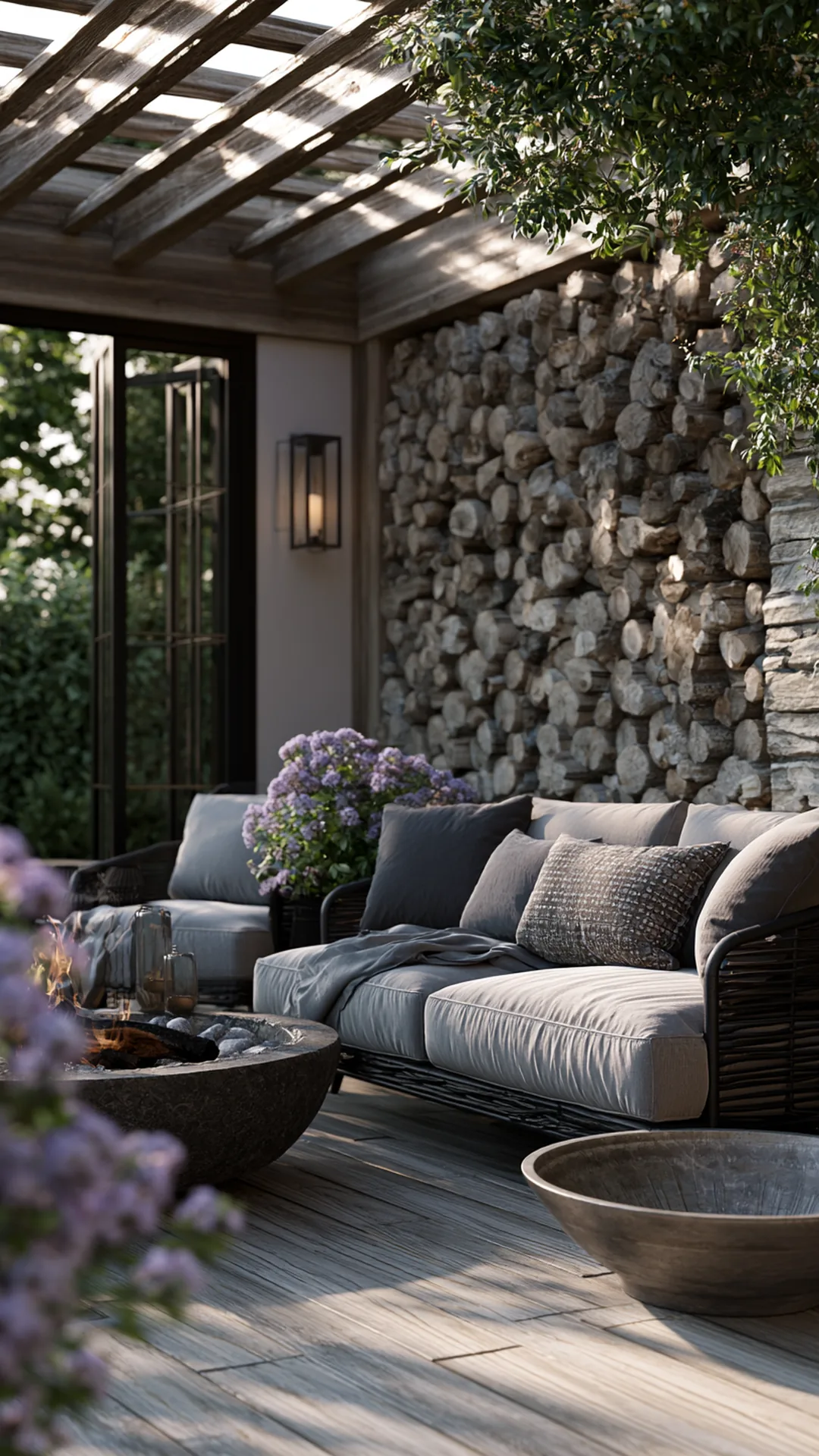 pergola with a built-in stacked firewood storage wall, photo 2 of 4