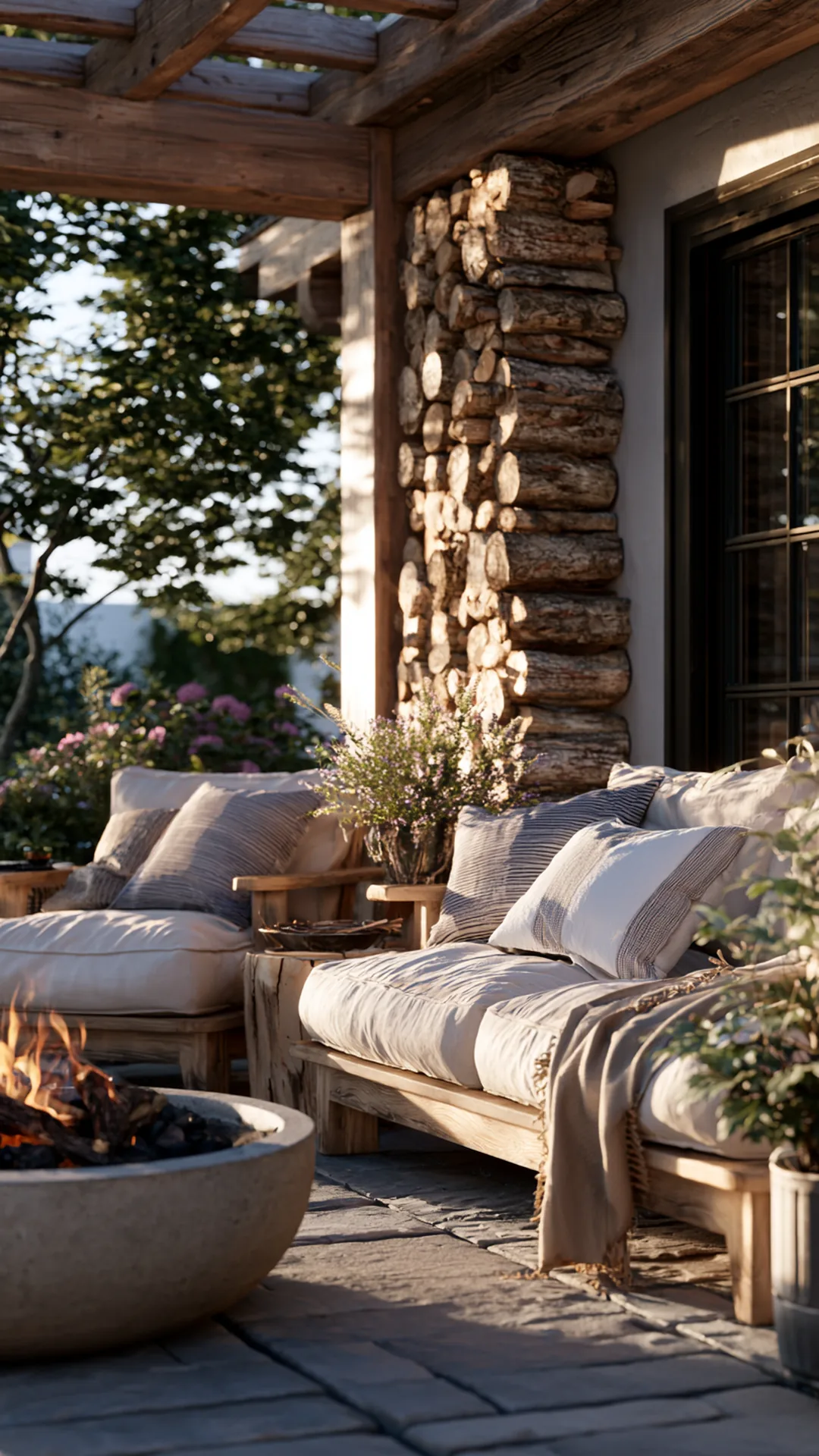 pergola with a built-in stacked firewood storage wall, photo 3 of 4