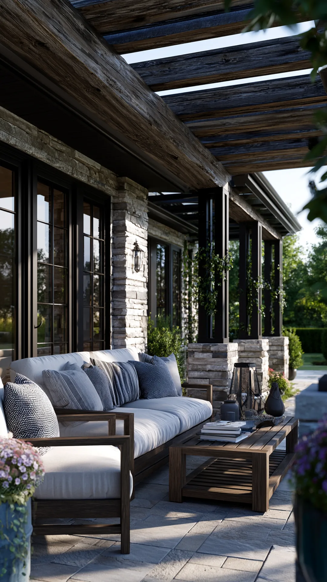 mixed-material pergola in timber, stone, and slim steel, photo 1 of 4