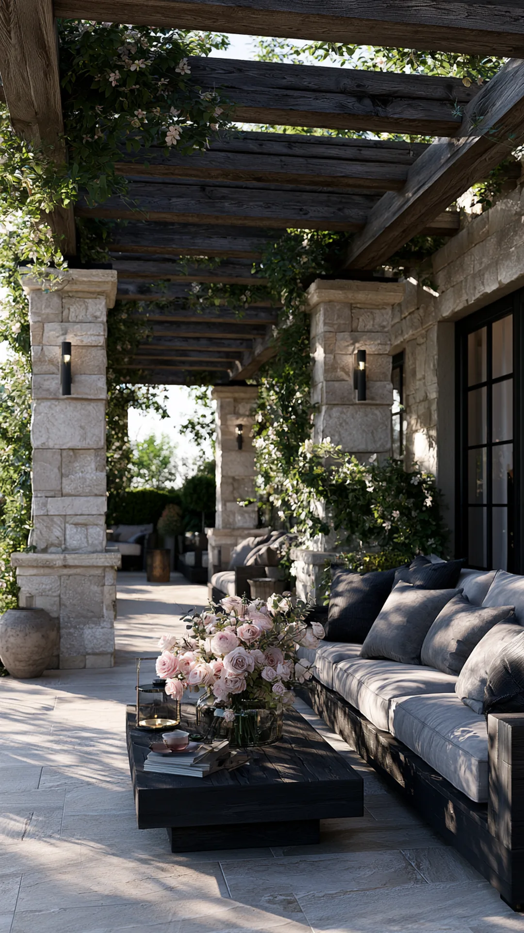 mixed-material pergola in timber, stone, and slim steel, photo 2 of 4