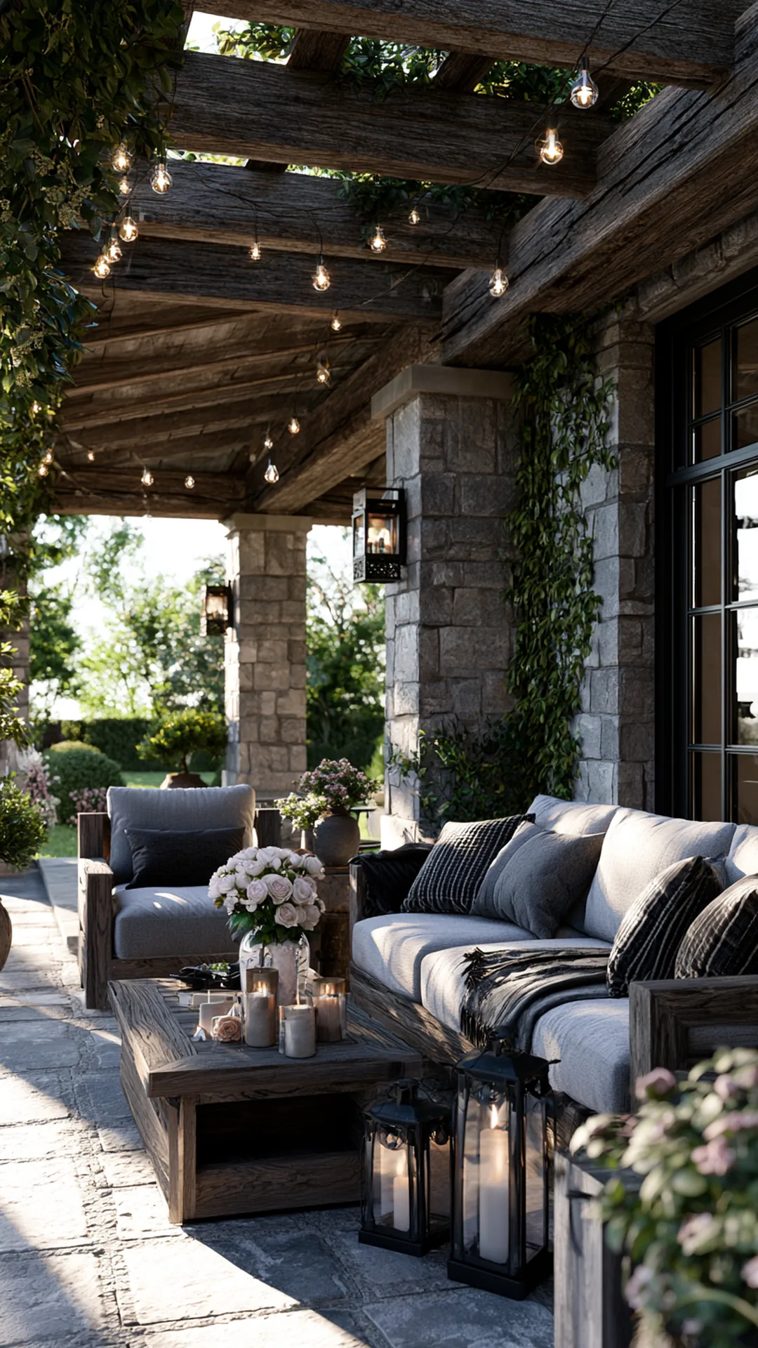 mixed-material pergola in timber, stone, and slim steel, photo 3 of 4