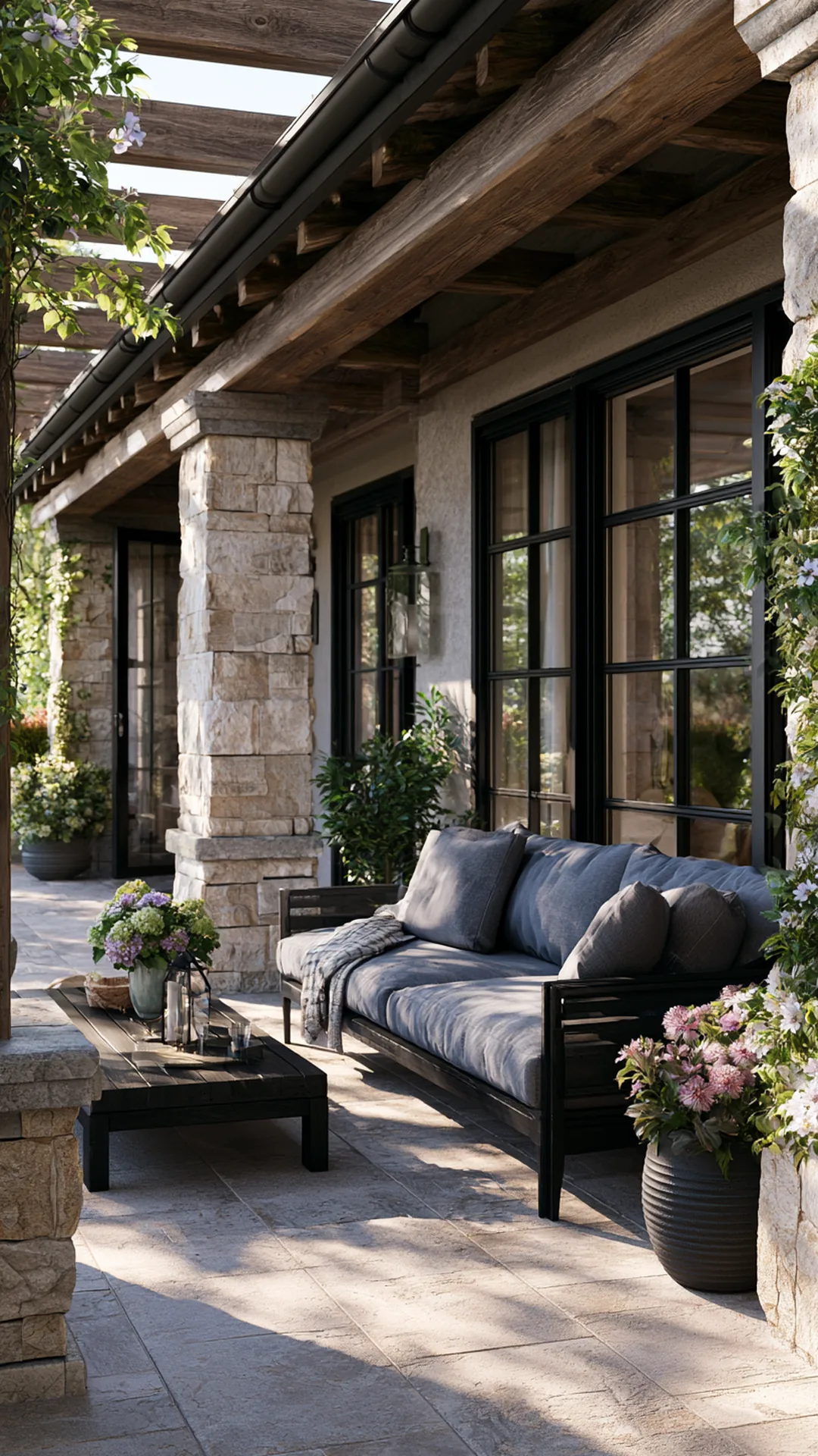 mixed-material pergola in timber, stone, and slim steel, photo 4 of 4