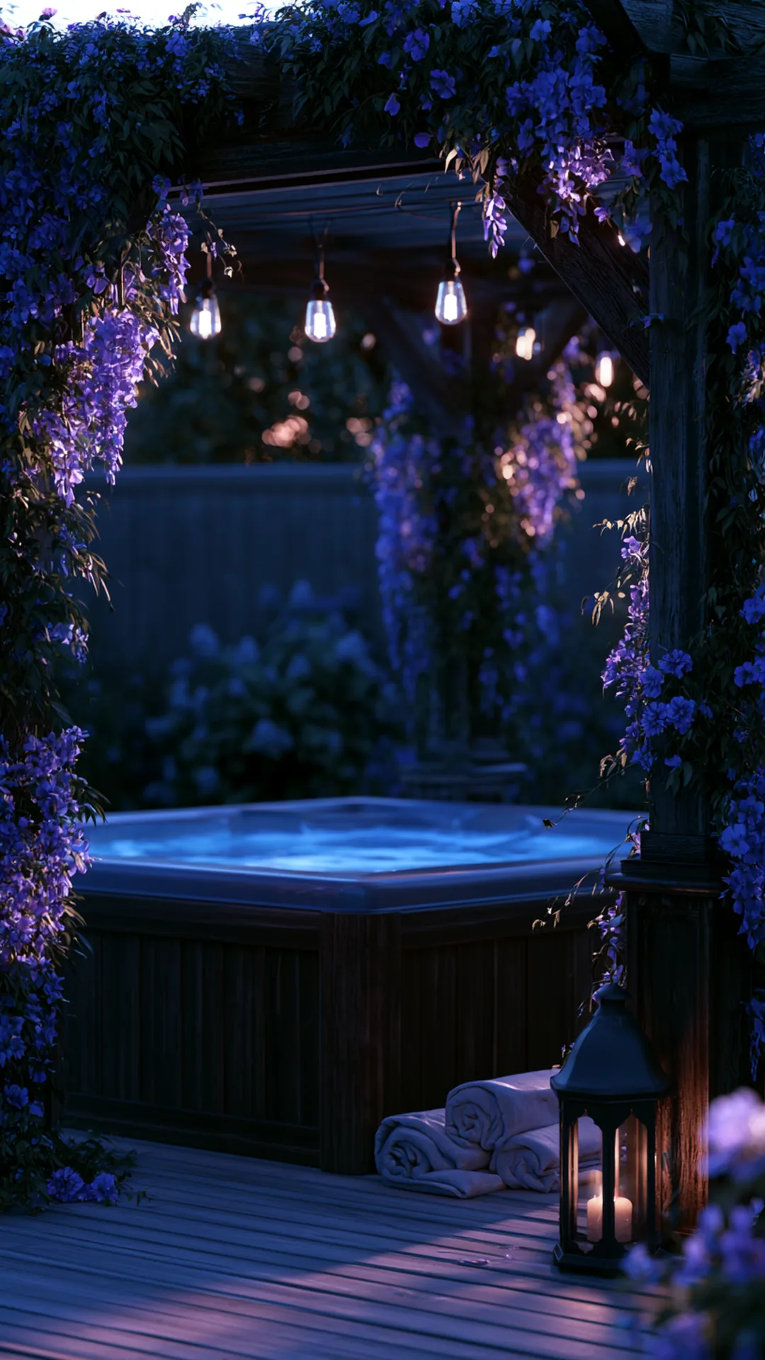 pergola sheltering a backyard wooden hot tub with trailing plants, photo 1 of 4