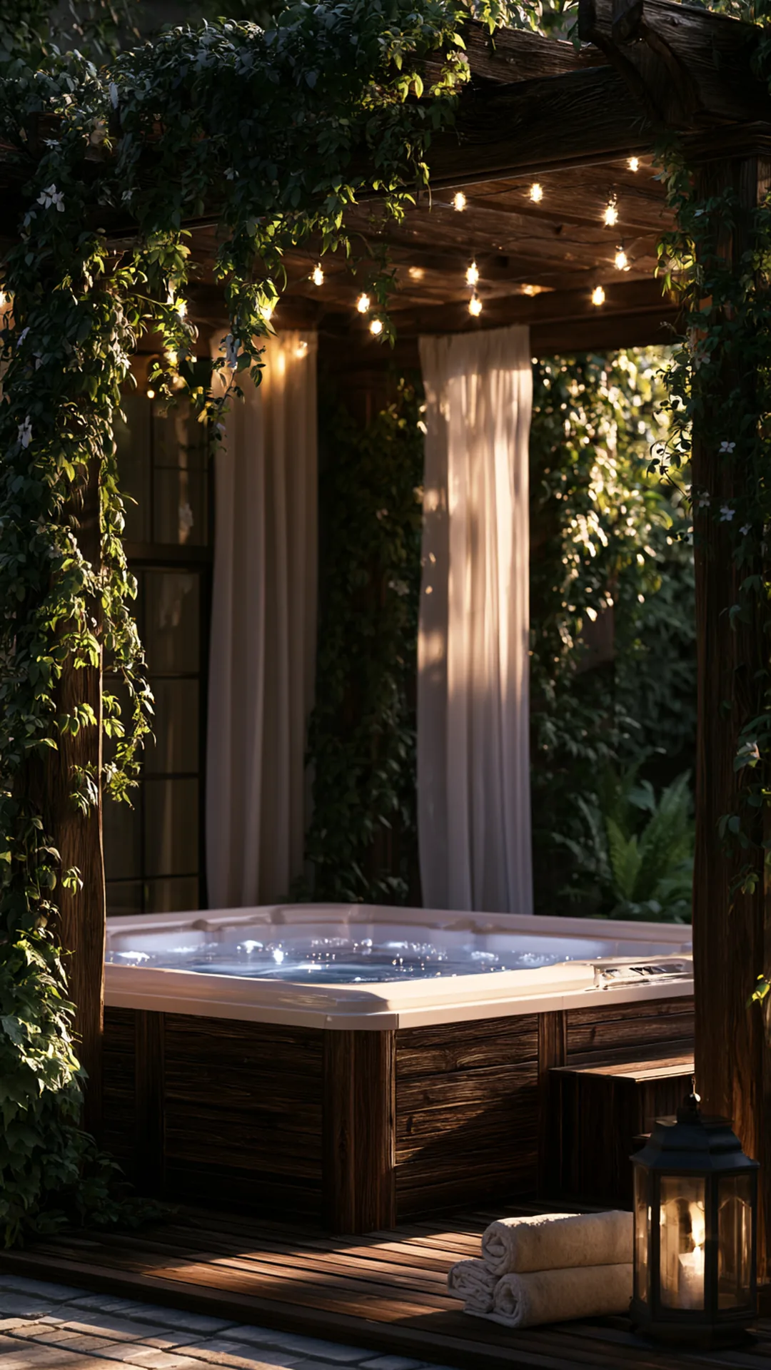 pergola sheltering a backyard wooden hot tub with trailing plants, photo 2 of 4