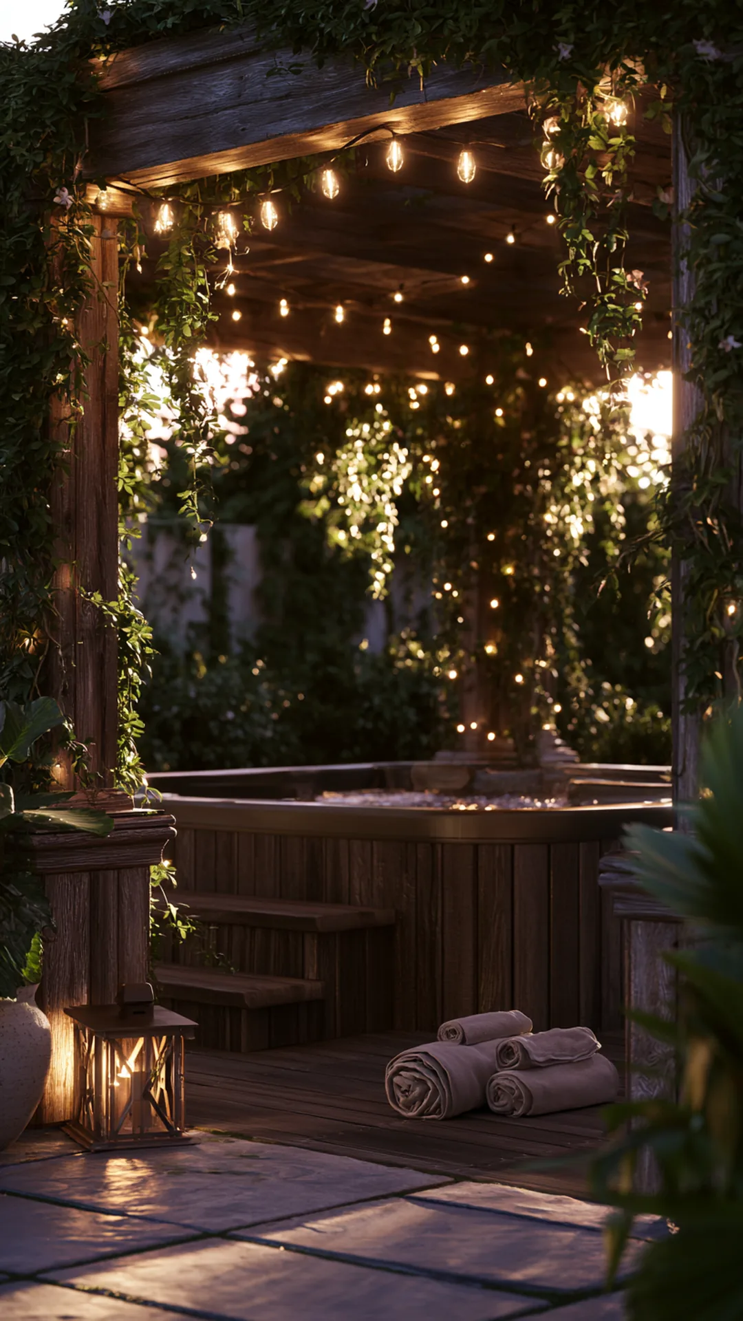 pergola sheltering a backyard wooden hot tub with trailing plants, photo 3 of 4