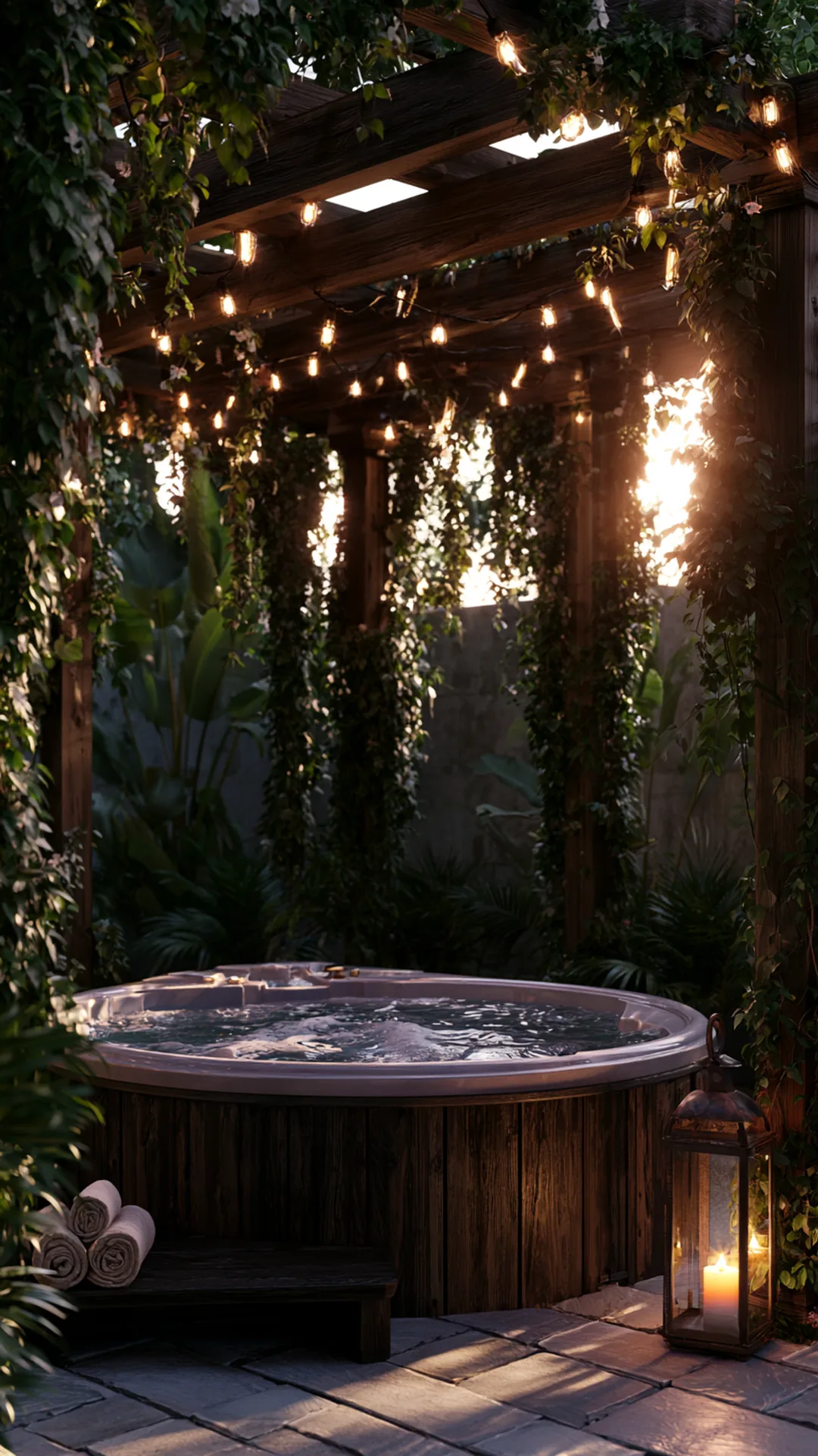 pergola sheltering a backyard wooden hot tub with trailing plants, photo 4 of 4