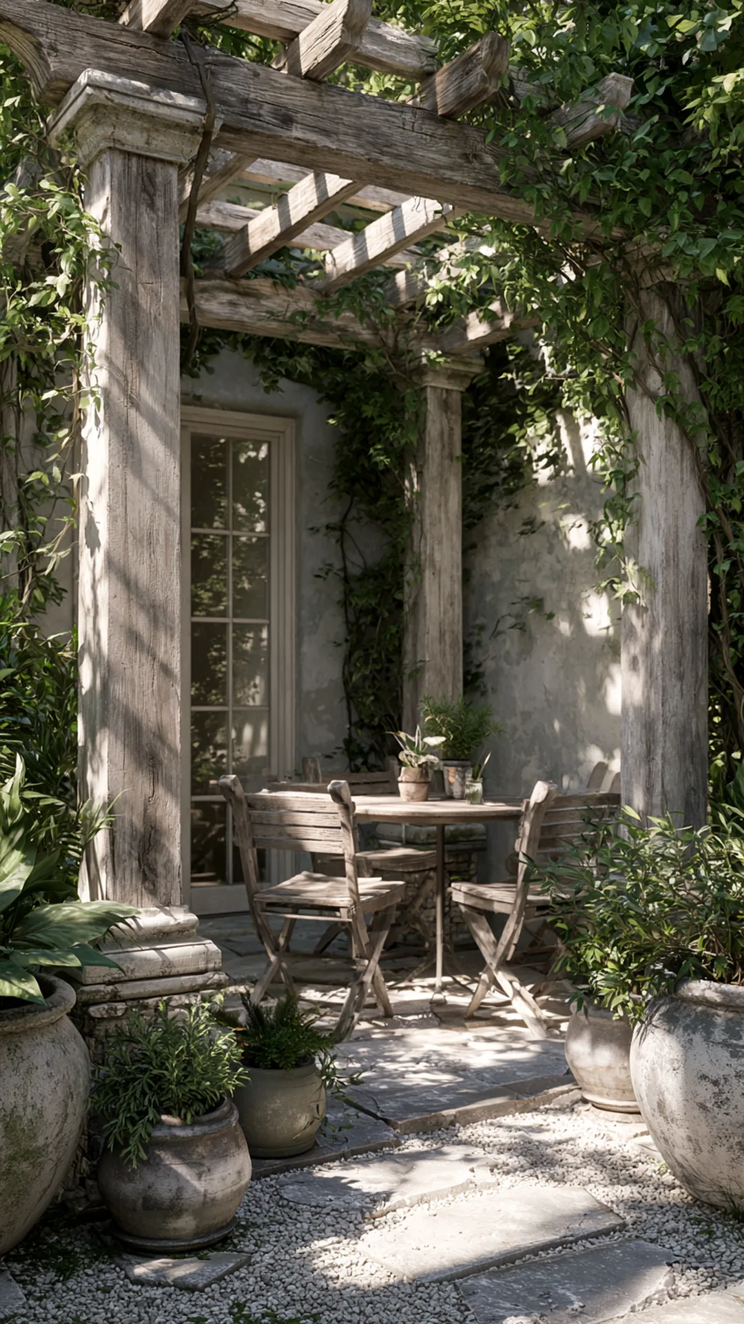 patio pergola set over a crunchy pea-gravel courtyard floor, photo 1 of 4