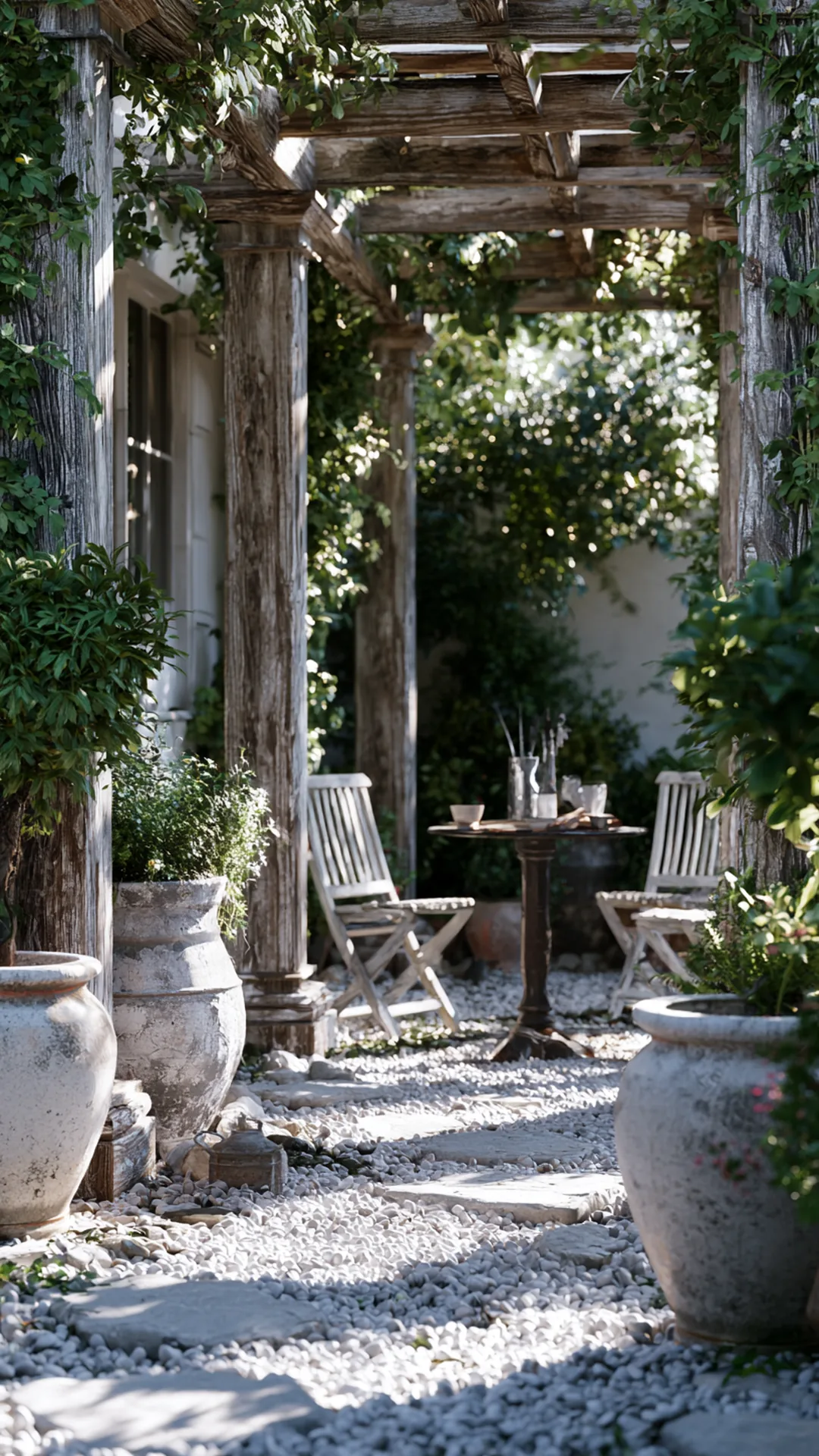 patio pergola set over a crunchy pea-gravel courtyard floor, photo 2 of 4