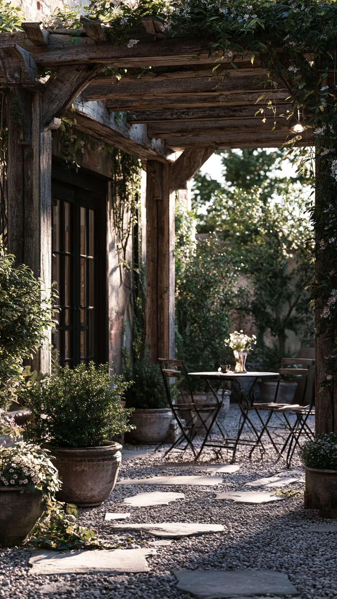 patio pergola set over a crunchy pea-gravel courtyard floor, photo 3 of 4