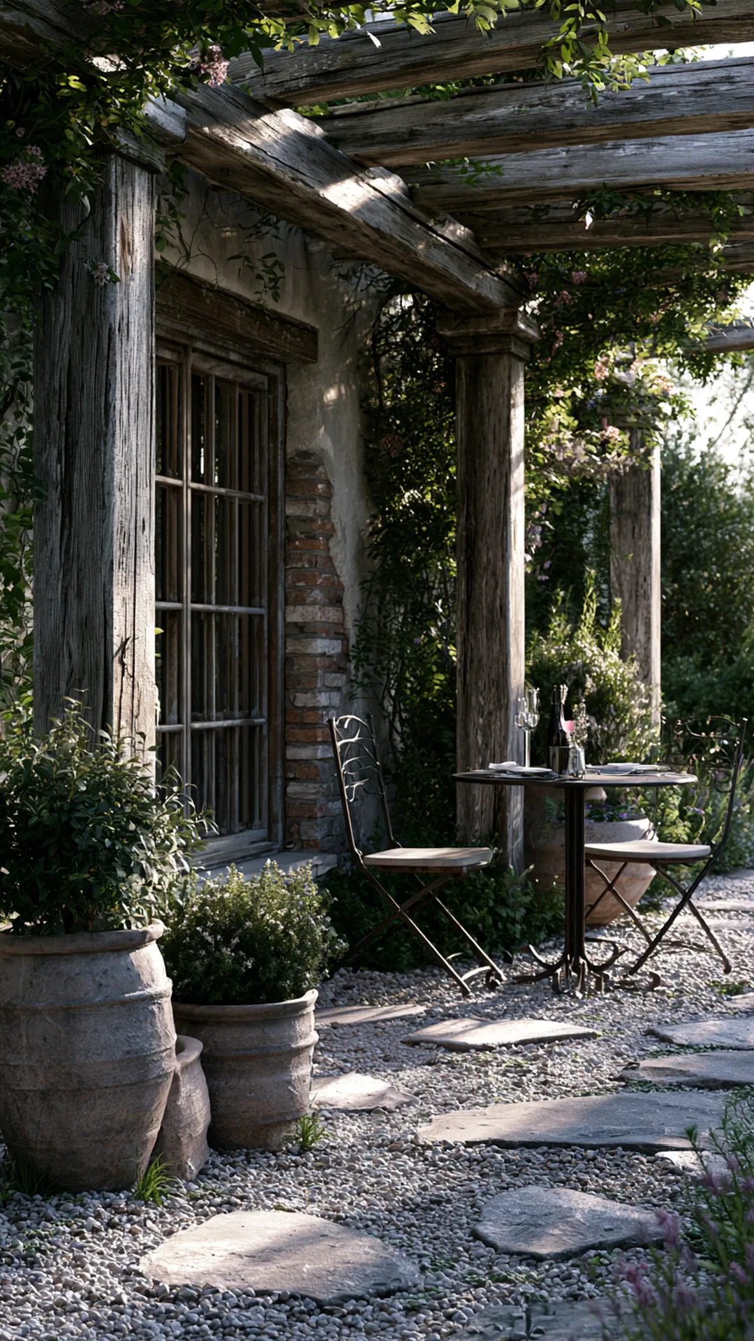 patio pergola set over a crunchy pea-gravel courtyard floor, photo 4 of 4