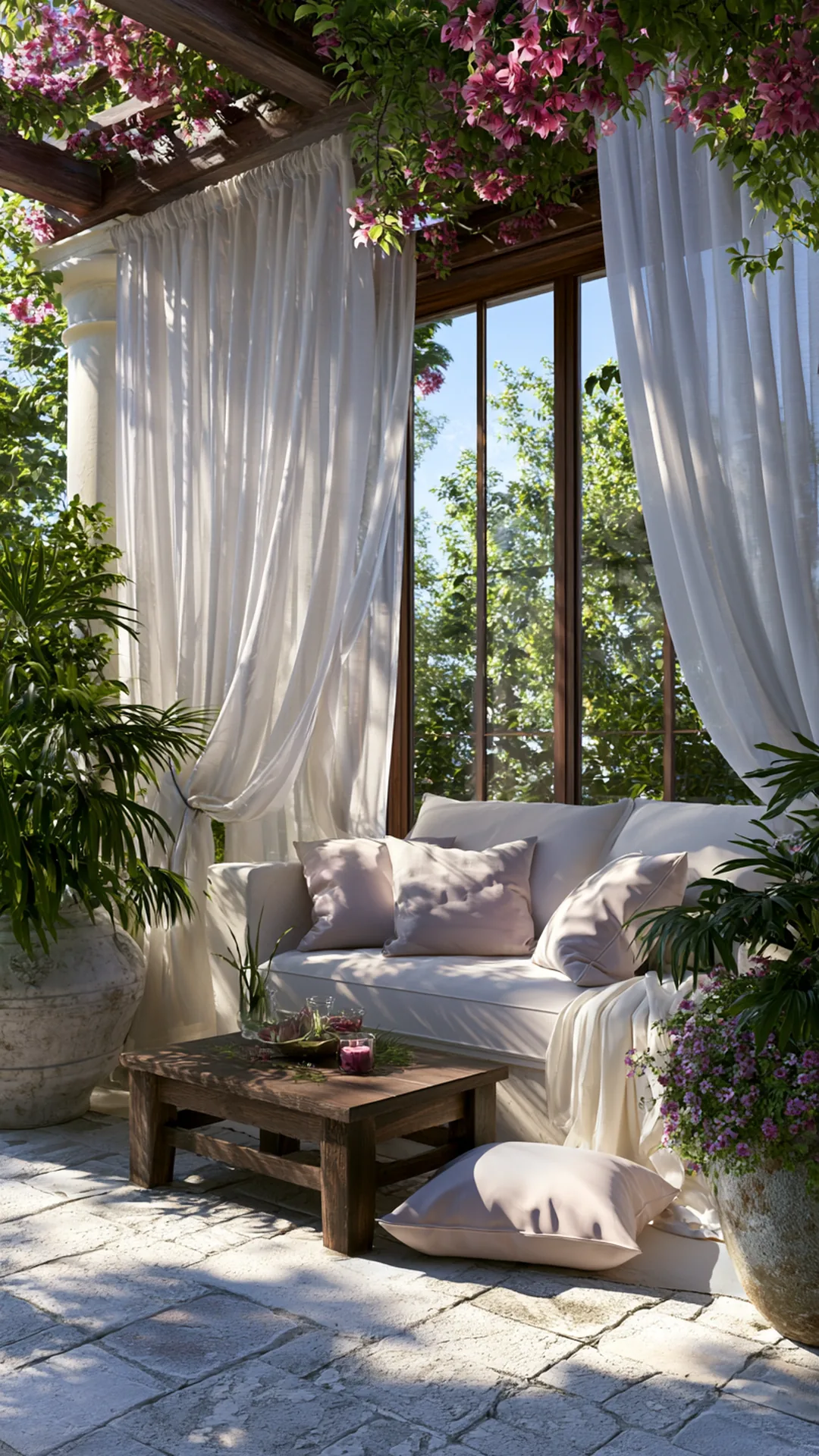 patio pergola dressed with light summer linen drapes and cushions, photo 1 of 4