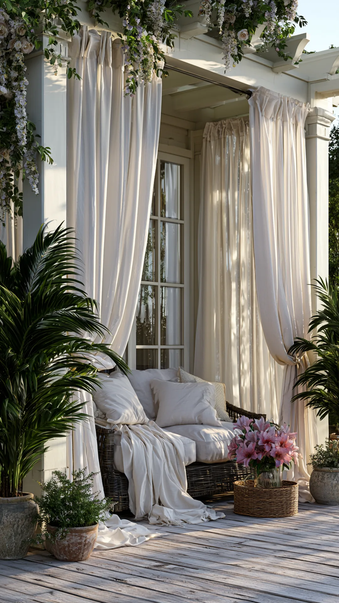 patio pergola dressed with light summer linen drapes and cushions, photo 2 of 4