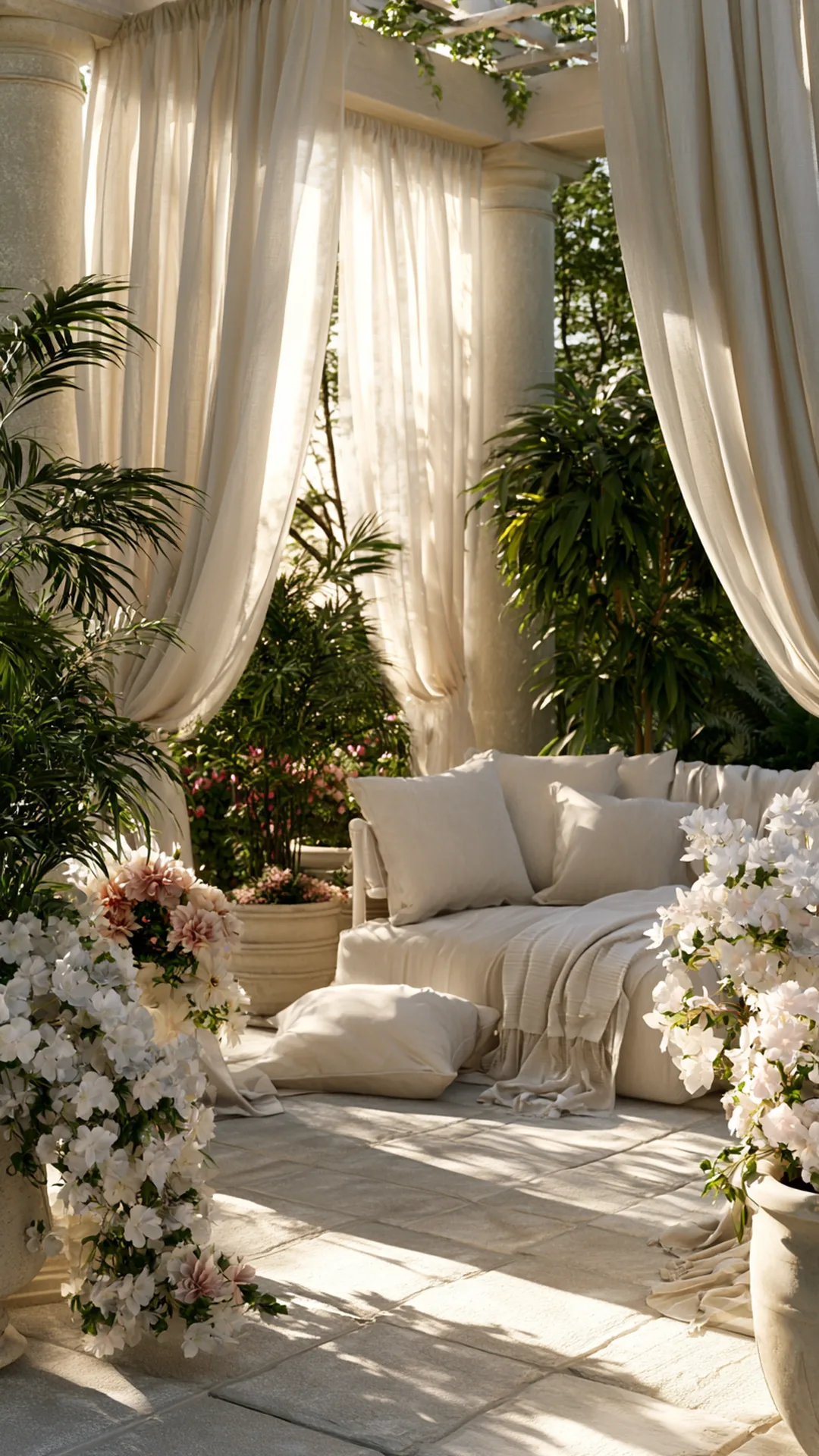 patio pergola dressed with light summer linen drapes and cushions, photo 3 of 4