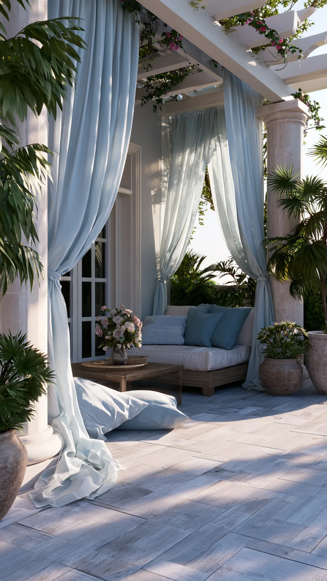patio pergola dressed with light summer linen drapes and cushions, photo 4 of 4