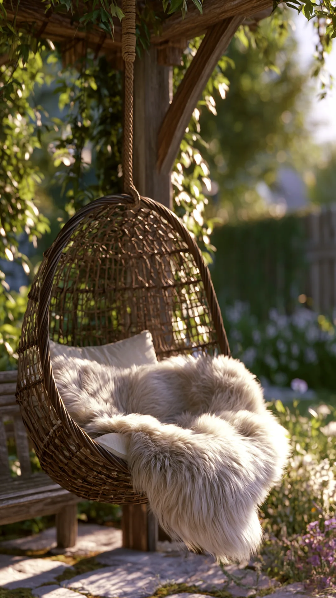 patio pergola with a suspended woven egg chair and sheepskin throw, photo 1 of 4