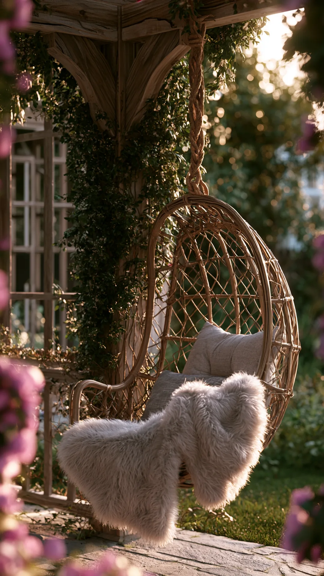 patio pergola with a suspended woven egg chair and sheepskin throw, photo 2 of 4