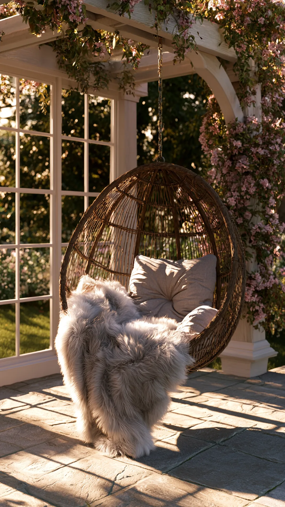patio pergola with a suspended woven egg chair and sheepskin throw, photo 3 of 4
