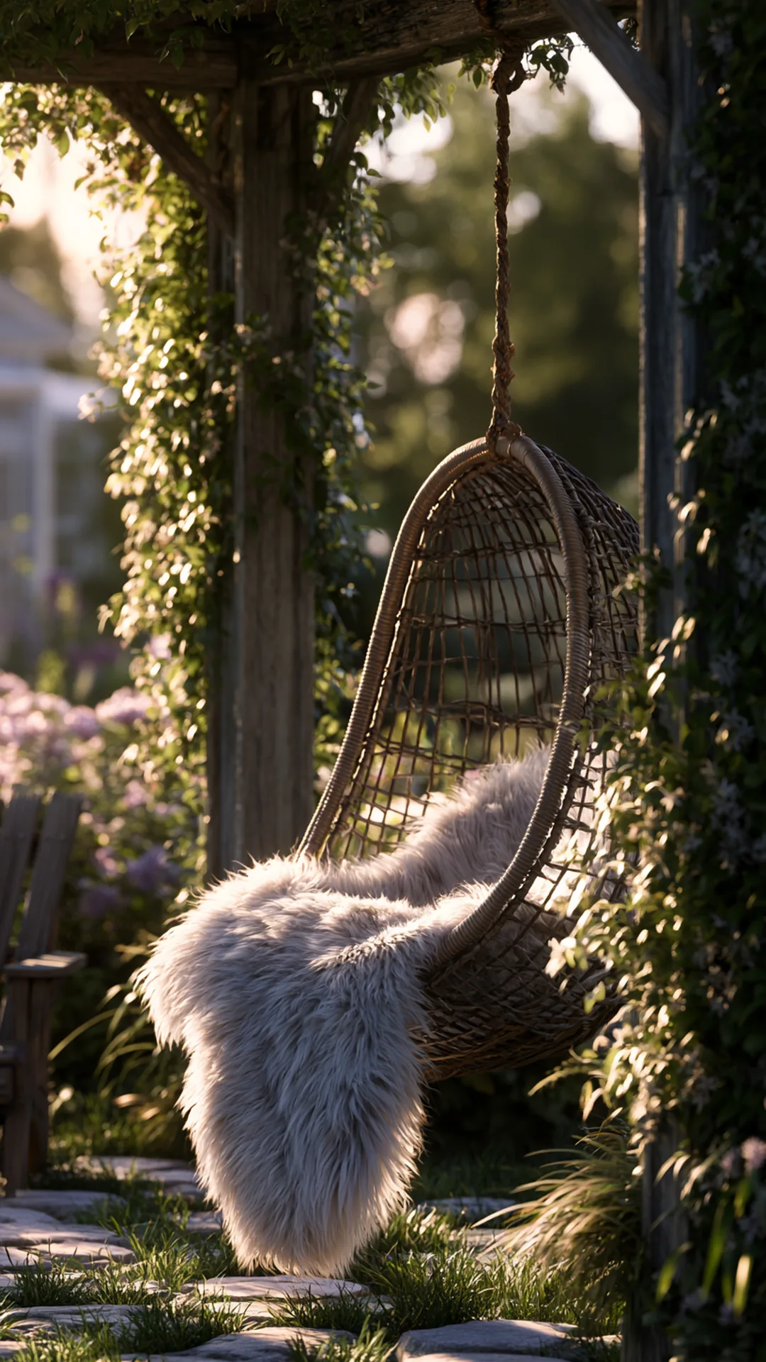 patio pergola with a suspended woven egg chair and sheepskin throw, photo 4 of 4