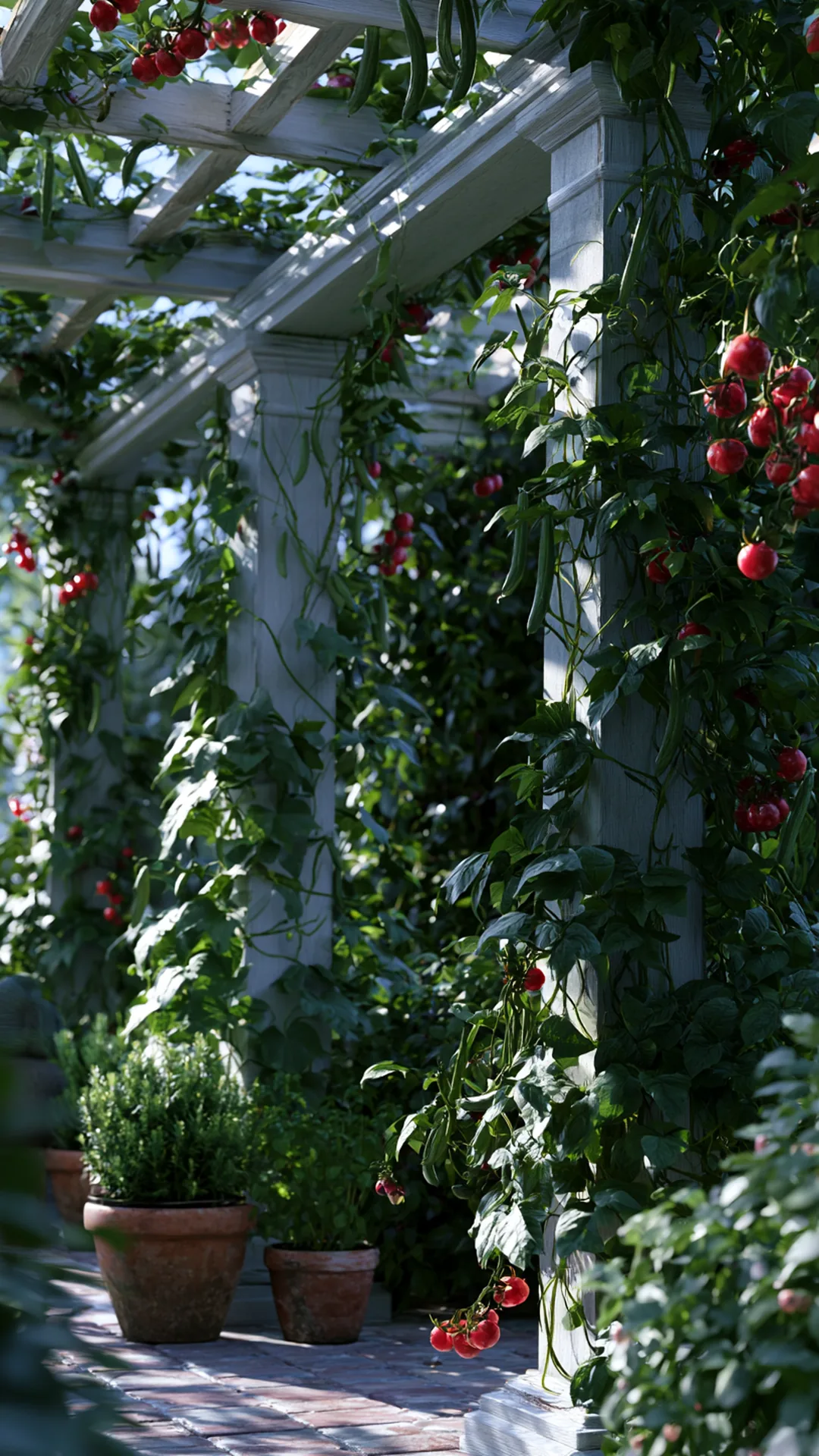 edible pergola with climbing beans, cucumbers and cherry tomatoes, photo 3 of 4