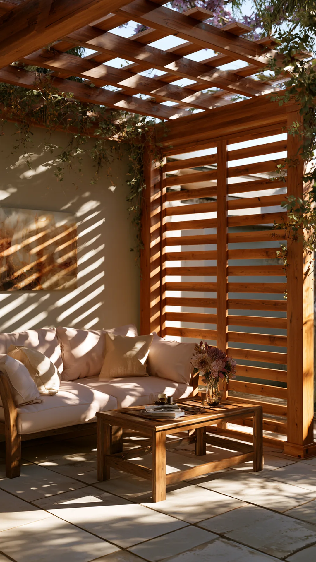 pergola with a warm closely-spaced wood slat privacy backdrop, photo 1 of 4