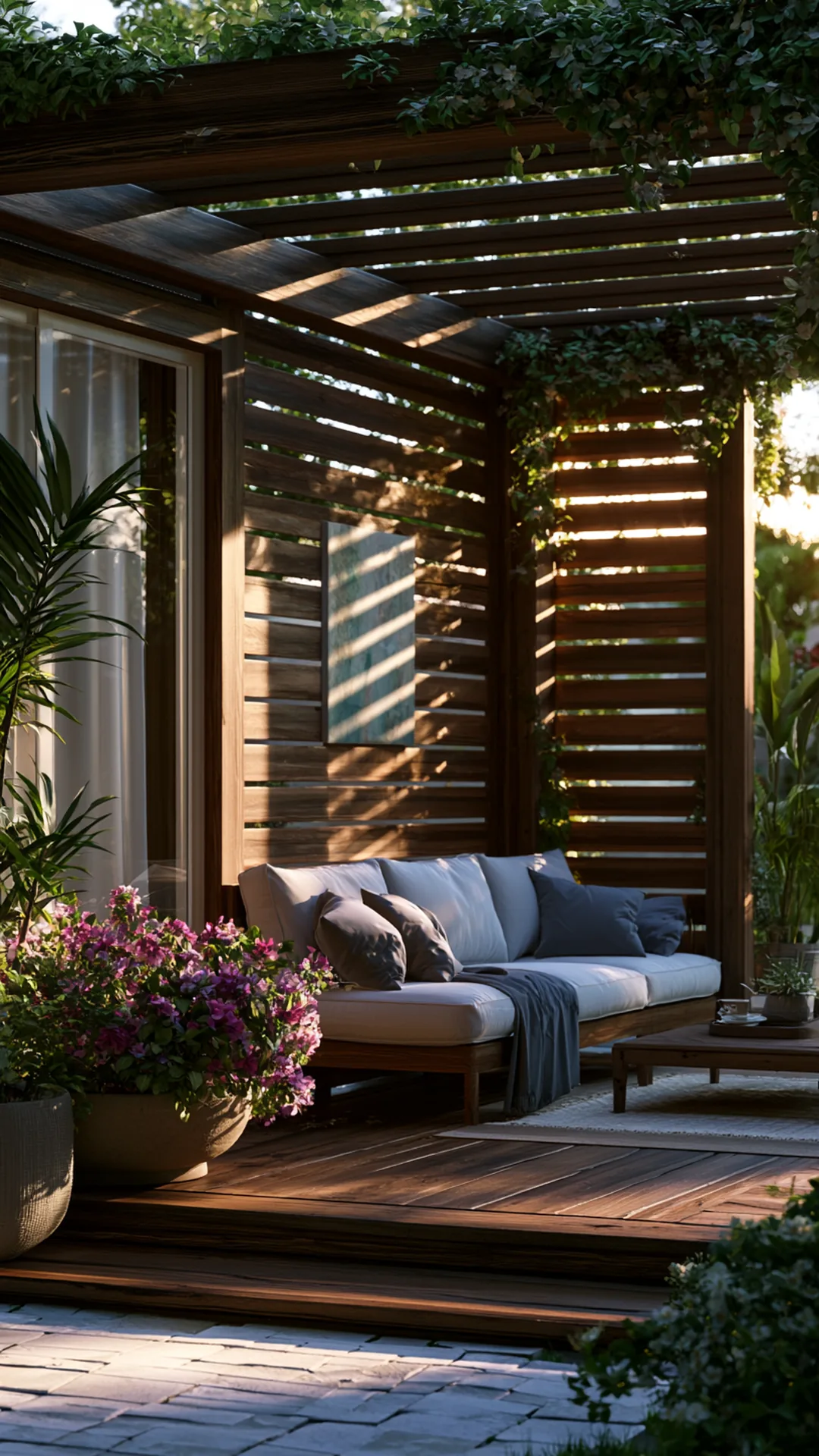 pergola with a warm closely-spaced wood slat privacy backdrop, photo 2 of 4