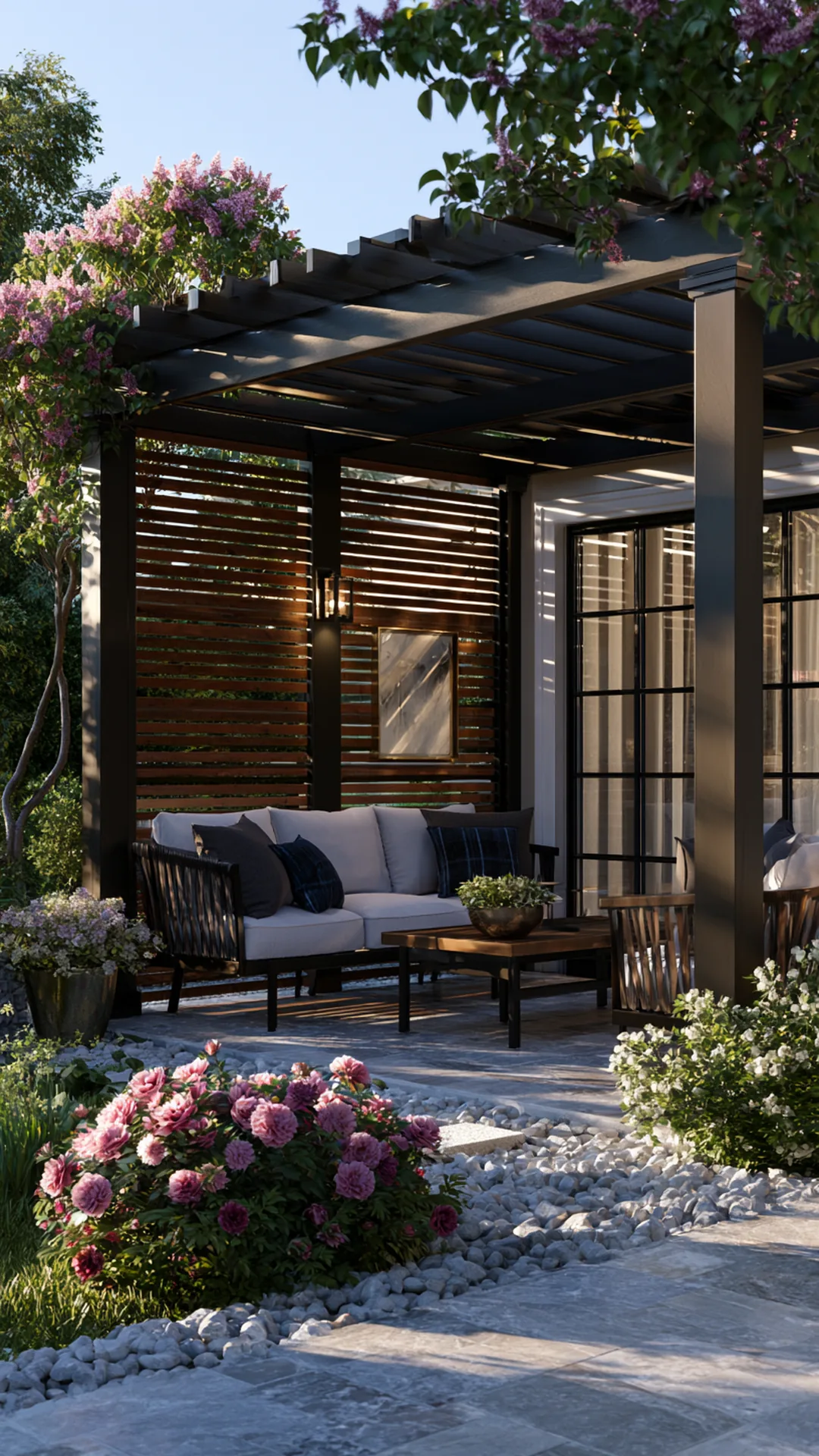 pergola with a warm closely-spaced wood slat privacy backdrop, photo 3 of 4