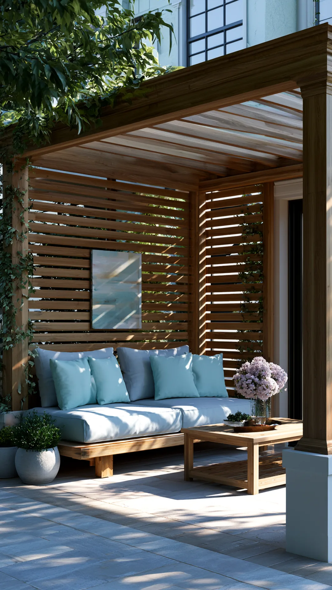 pergola with a warm closely-spaced wood slat privacy backdrop, photo 4 of 4