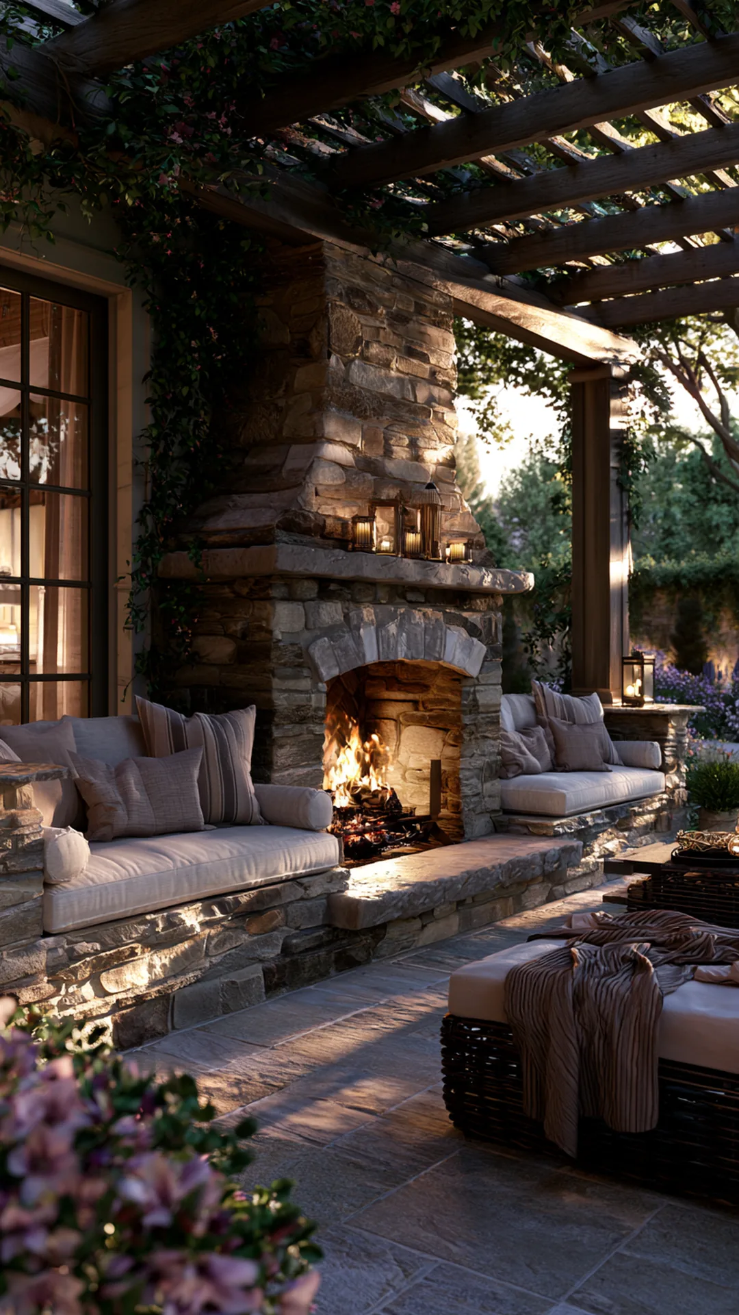pergola anchored to a rustic stone outdoor fireplace wall, photo 1 of 4