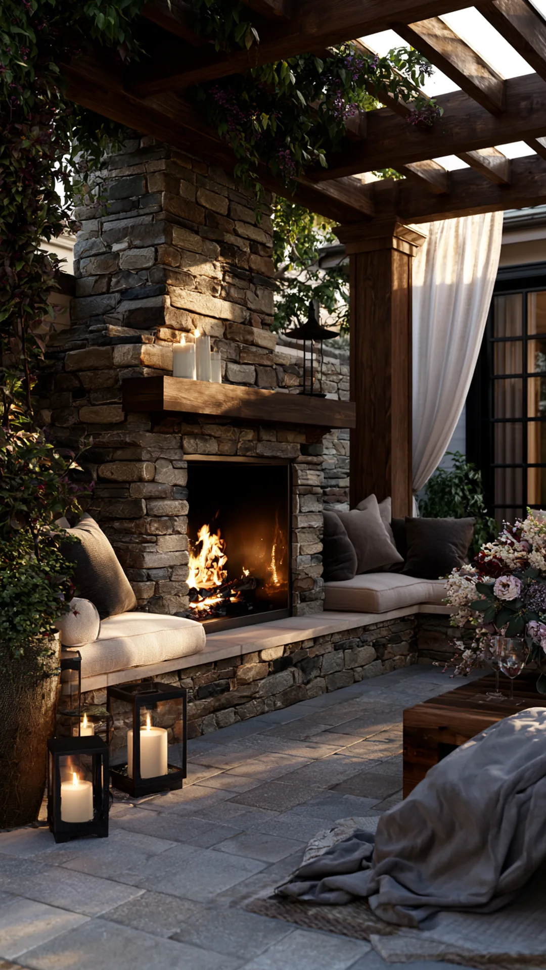 pergola anchored to a rustic stone outdoor fireplace wall, photo 2 of 4