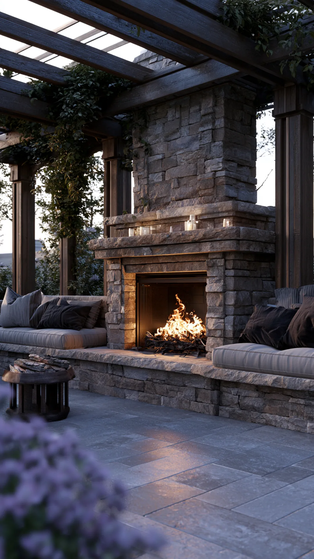 pergola anchored to a rustic stone outdoor fireplace wall, photo 3 of 4