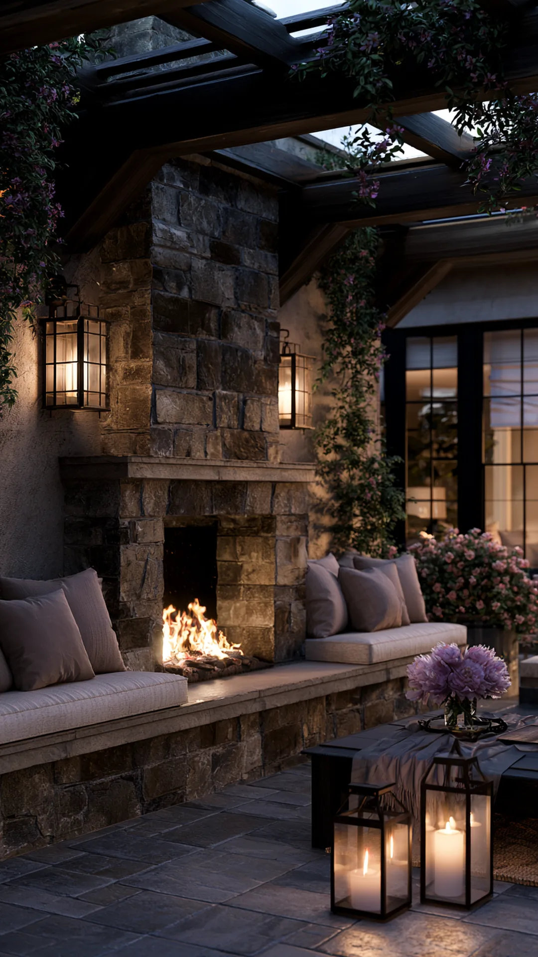 pergola anchored to a rustic stone outdoor fireplace wall, photo 4 of 4