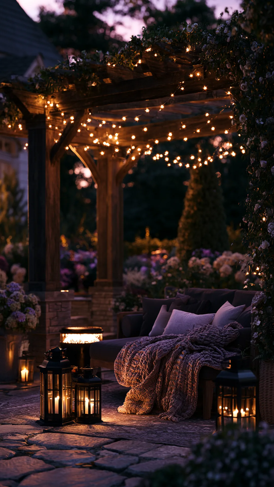 backyard pergola styled for a cozy fall evening with string lights, photo 1 of 4
